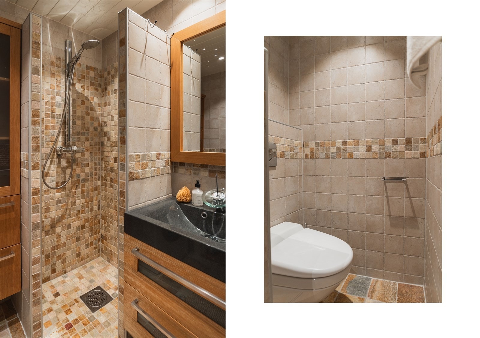 Badet er bestående av servant med vegghengt servantskap, veggfestet toalett med skjult sisterne og hjørnedusj, med nedsenket gulv i dusjen. Galleribilde