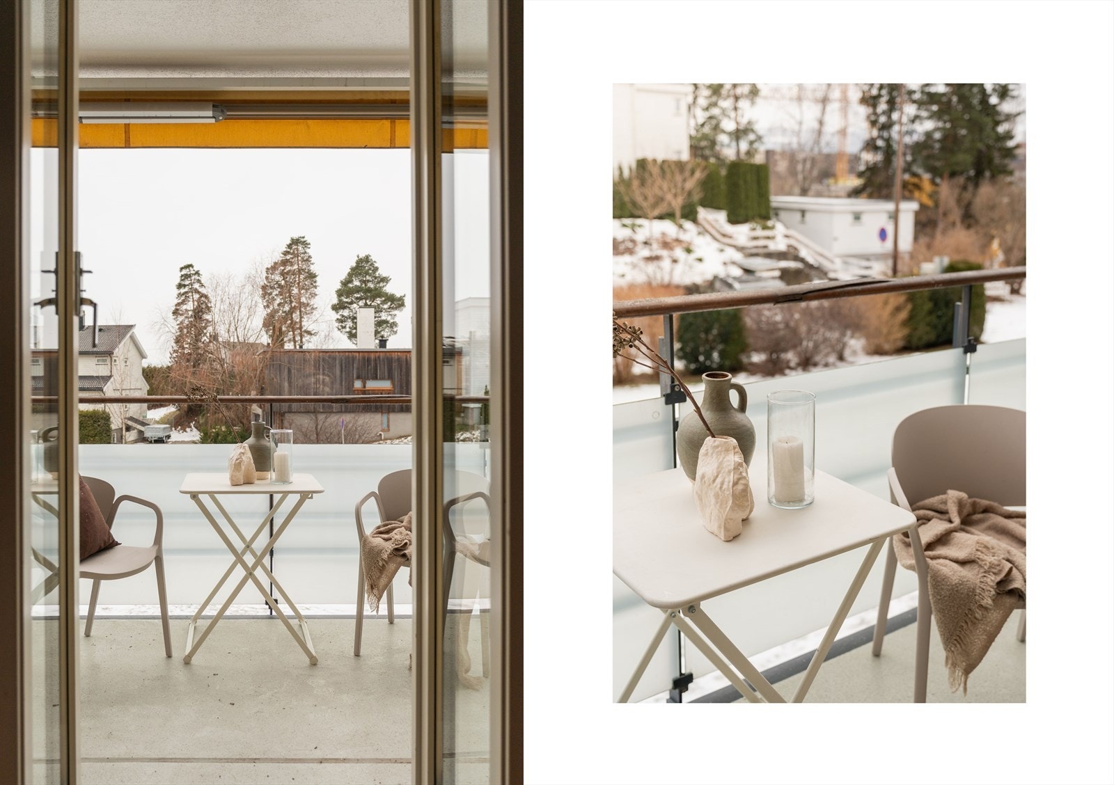 Balkongen har sol på dagtid/ettermiddag/kveld med en koselig utsikt mot pent opparbeidede felles grøntarealer. Galleribilde