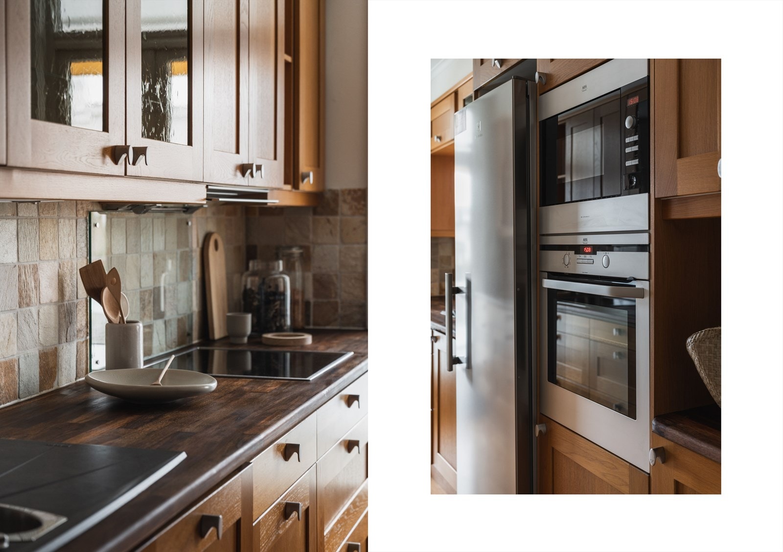 Et innbydende kjøkken med varme trefronter, solid benkeplass og tidløs flis bak arbeidsområdet. Integrerte hvitevarer og praktiske løsninger gjør det enkelt å lage mat og trives. Galleribilde