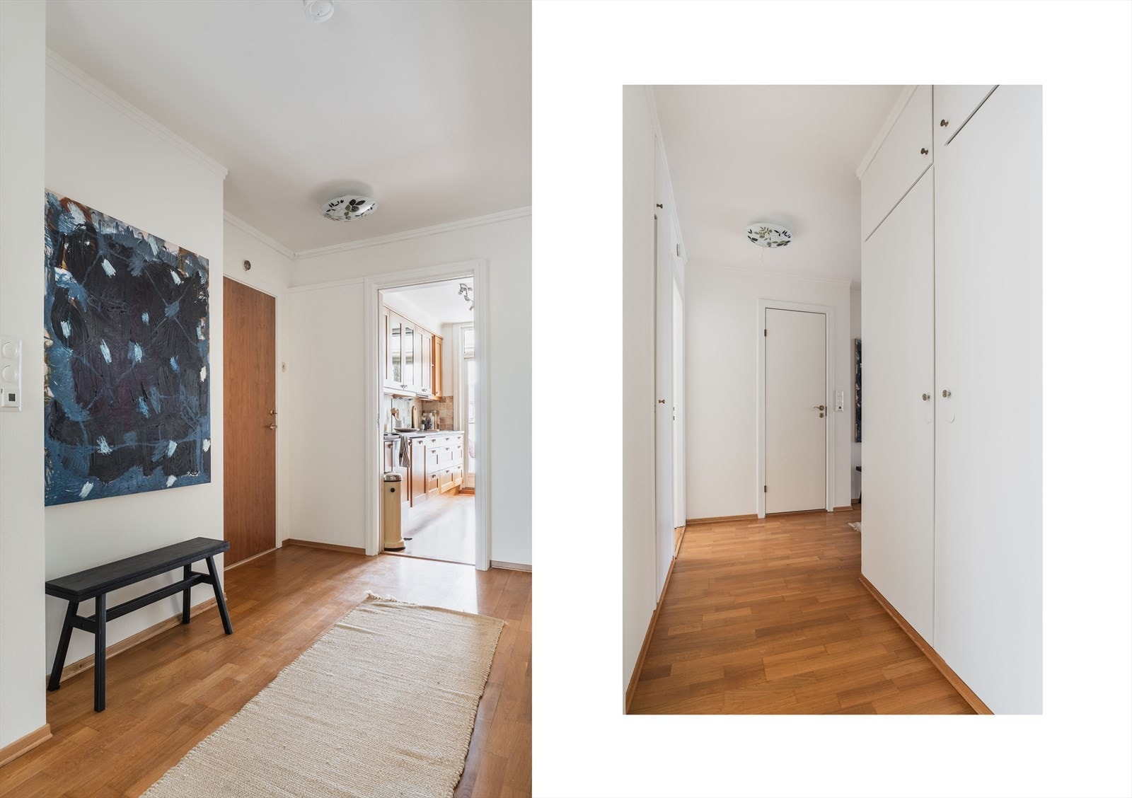 Entréen er lys og innbydende. Det er også garderobeskap i entreen, samt plass til kommode og skoskap. Inngang til alle rom. Galleribilde