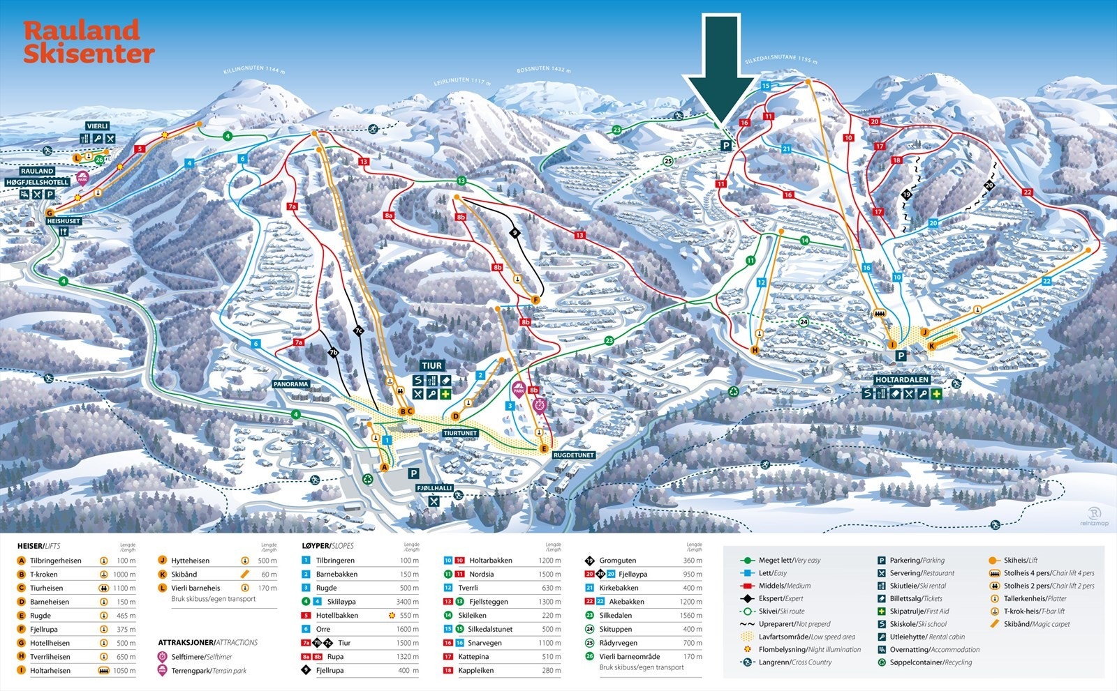 Løypekart Rauland Skisenter, hyttas beliggenhet er merket ut med pil. Galleribilde