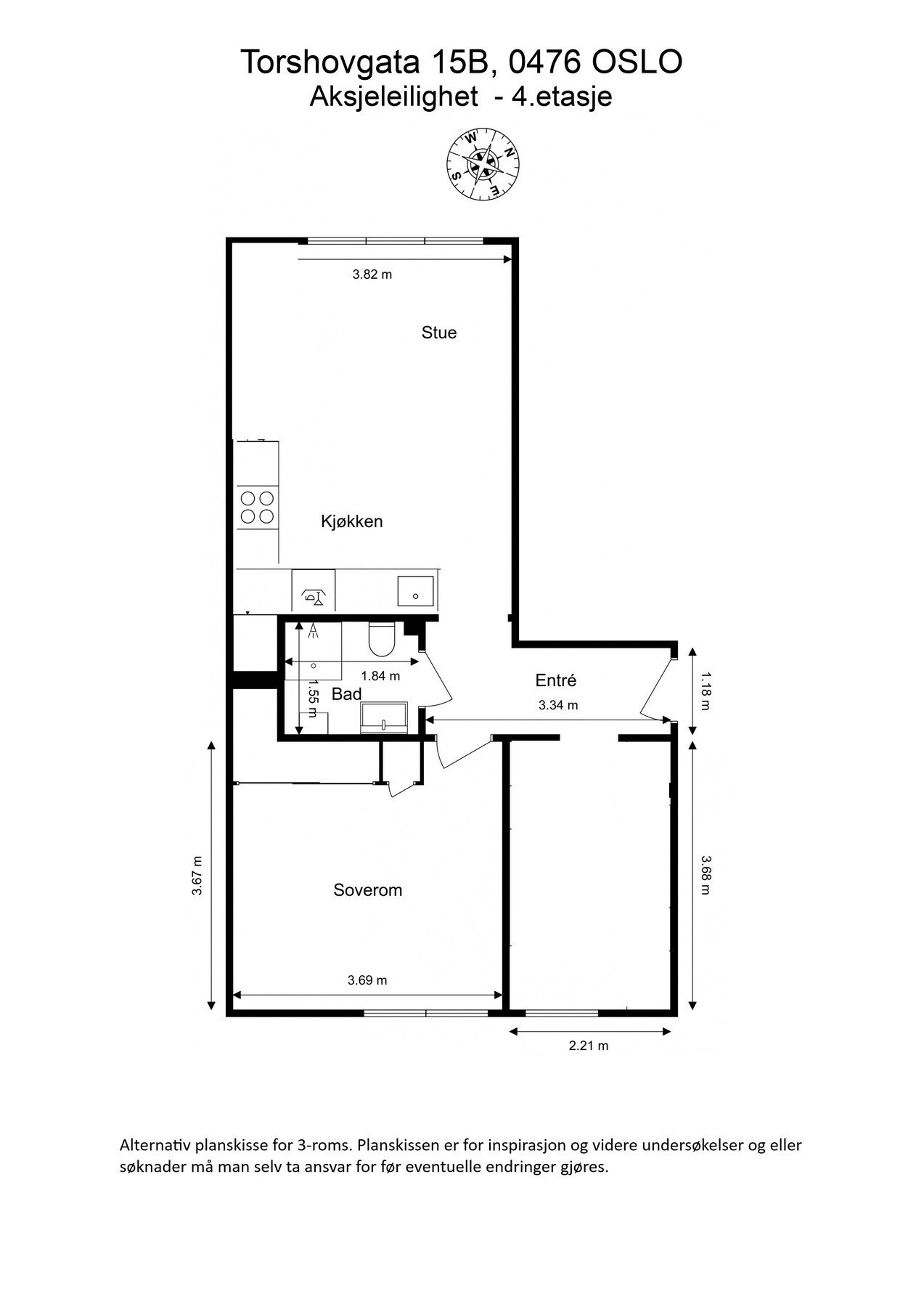 Alternativ planskisse for 3-roms. Flere naboer i gården har etablert et ekstra soverom. Planskissen er ment for inspirasjon. Galleribilde