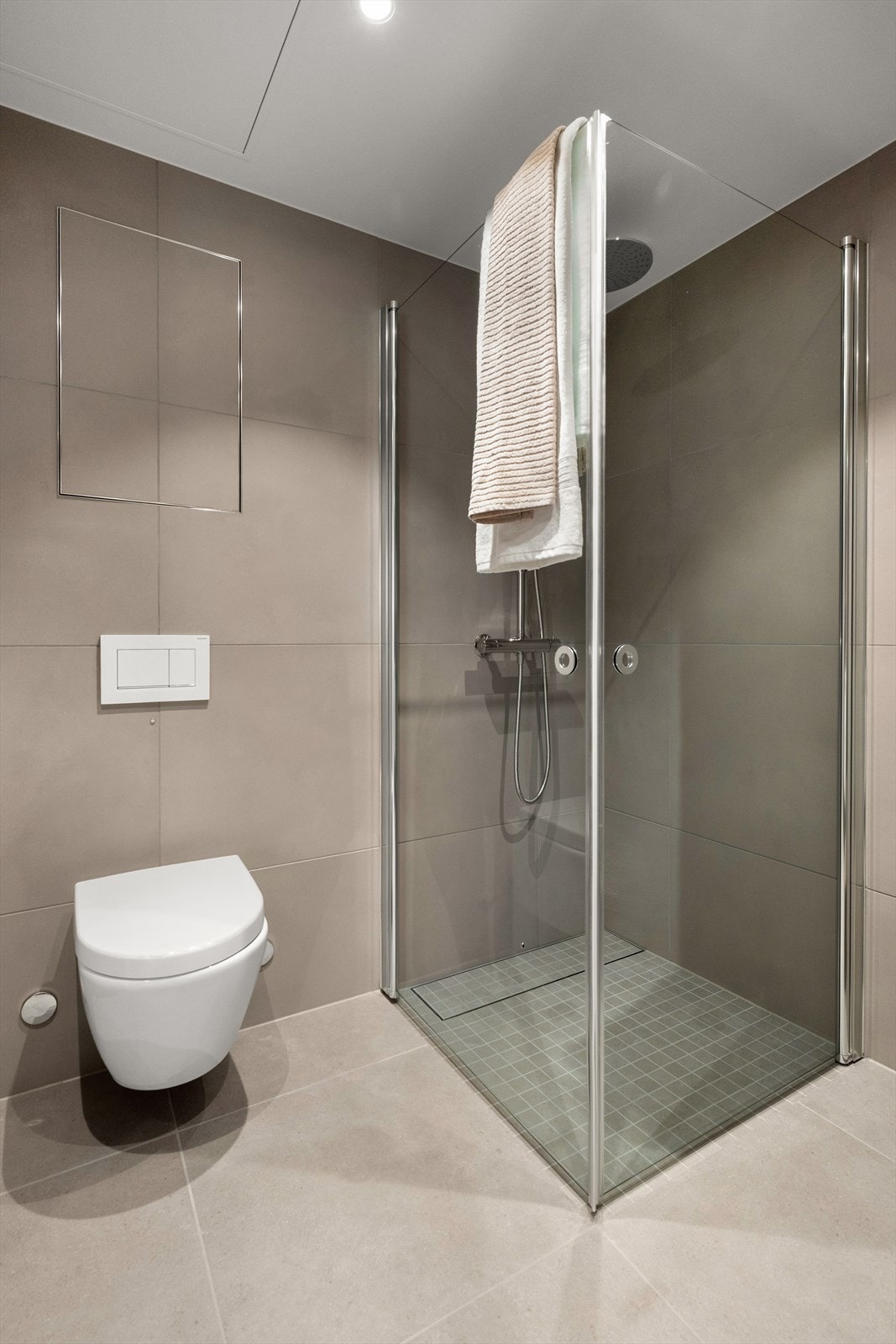 Det er montert vegghengt toalett, og egen dusjsone Galleribilde