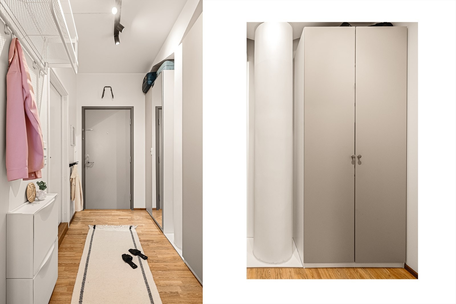 Velkommen inn! Gangen er romslig - innredet med garderobeløsning, samt plass til oppheng av yttertøy. Dørtelefon med portåpner slipper enkelt gjestene inn. Galleribilde