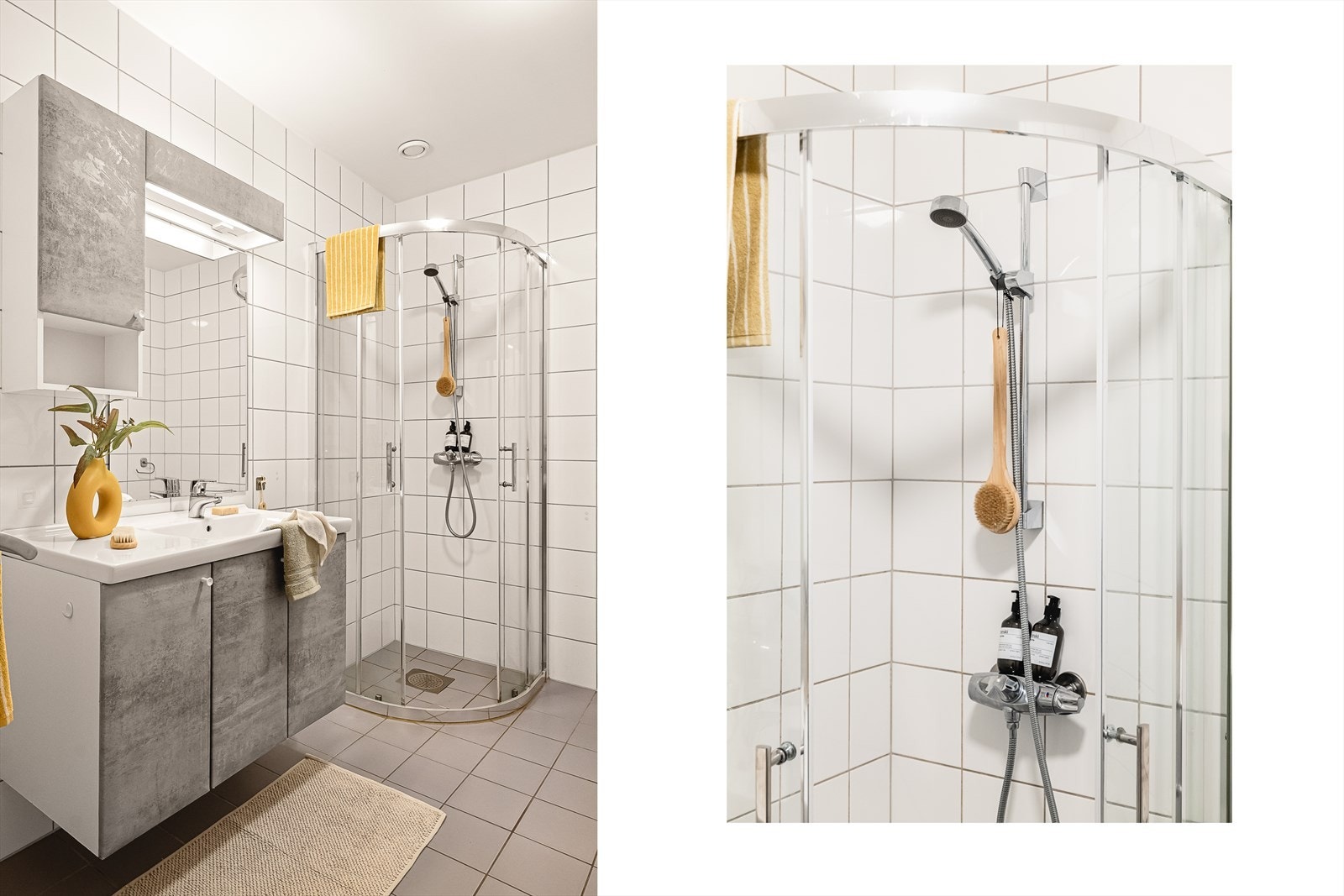 Fra gangen ledes vi inn til boligens baderom. Helfliset, med varmekabler i gulv. Galleribilde