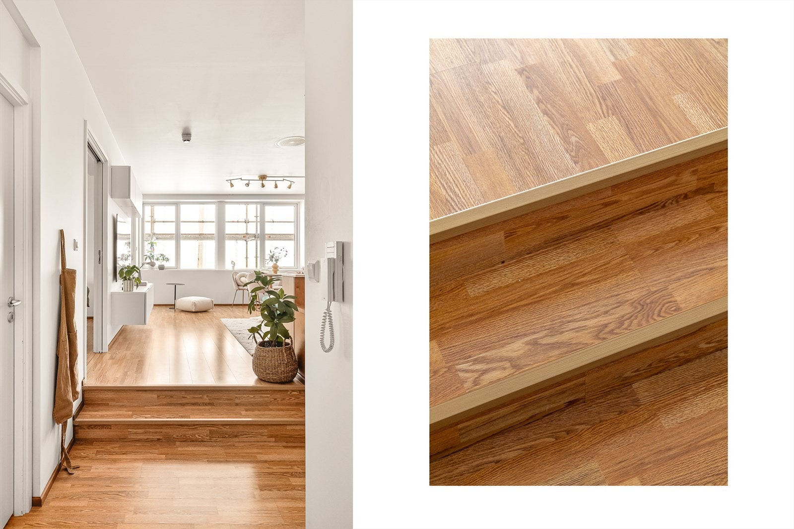 Nivåforskjell mellom stue og kjøkken gir leiligheten en funksjonell og tidsriktig planløsning. Galleribilde