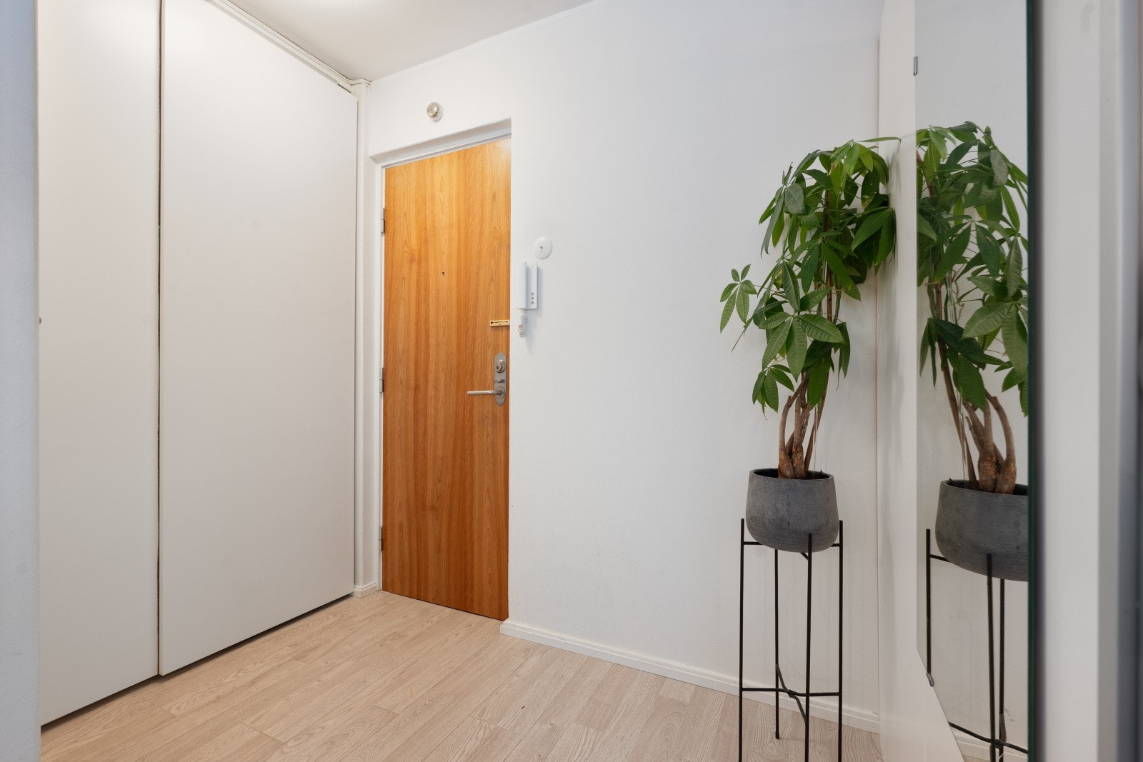 Boligens entré byr på ytterligere oppbevaringsmuligheter i en skyvedørsgarderobe. Galleribilde