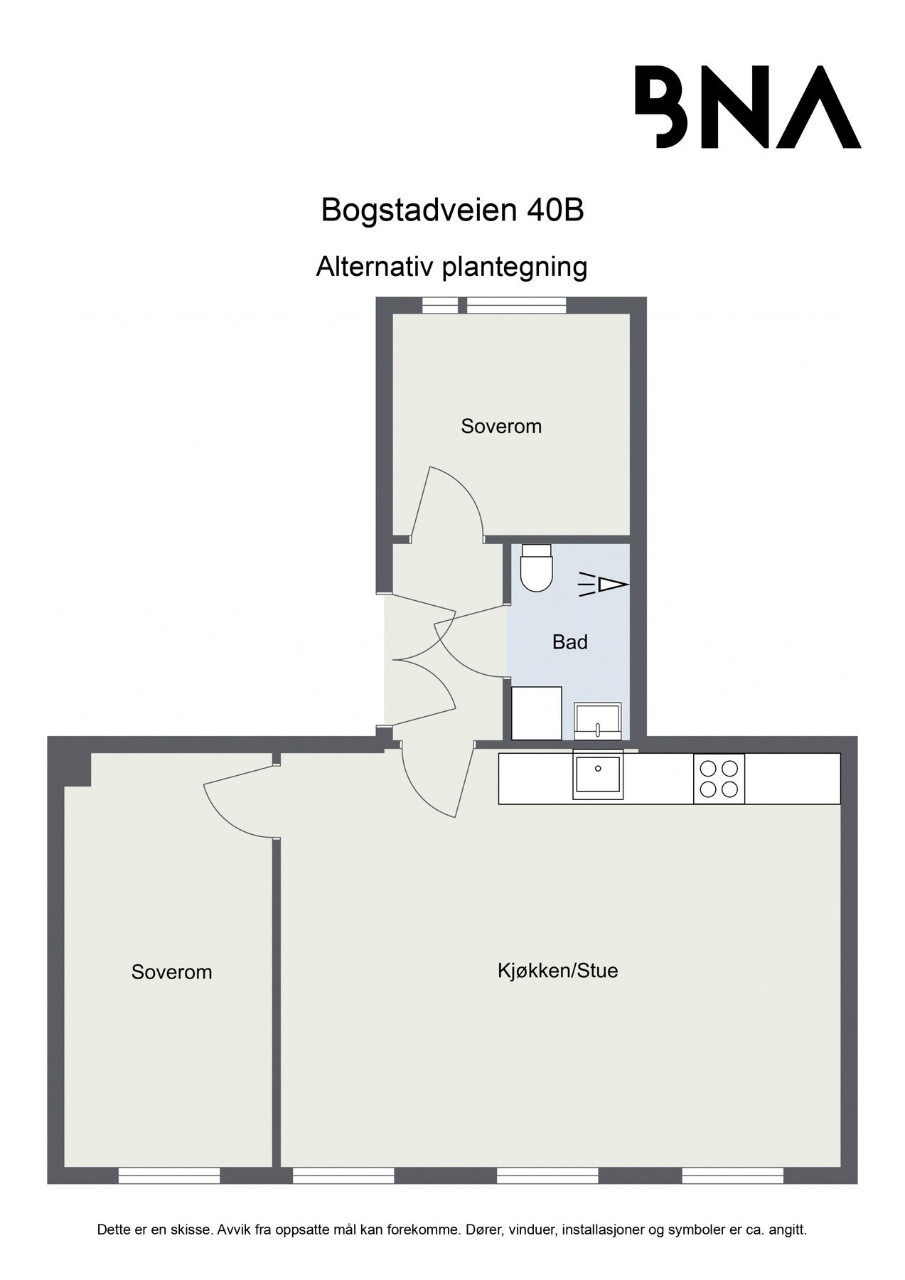 Alternativ plantegning. Det er ikke undersøkt gjennomførbarheten rundt de alternative planløsningene. Interessenter bør undersøke dette grundig med fagfolk, før man iverksetter tiltak Galleribilde