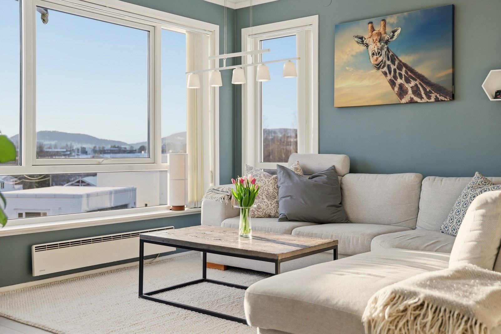 De store vindusflatene bidrar til godt med naturlig lys i oppholdsrommet Galleribilde