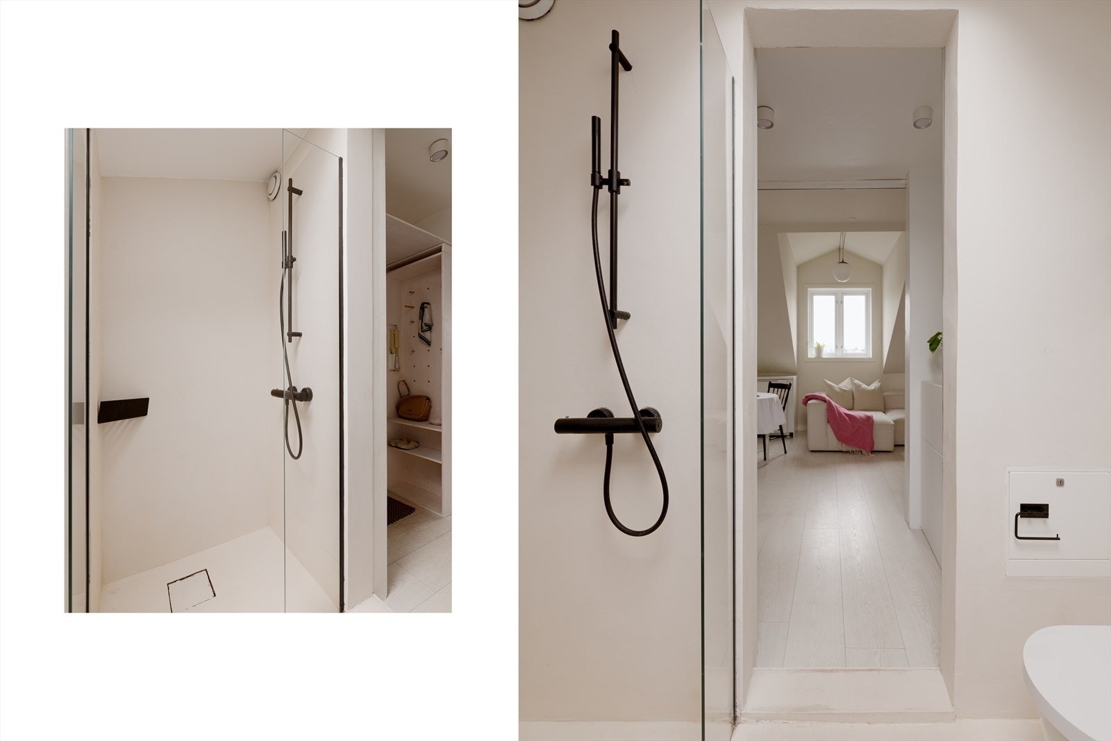 Badet er innredet med servant, veggfestet klosett og dusj. Naturlig ventilasjon og varmekabler i gulv. Galleribilde