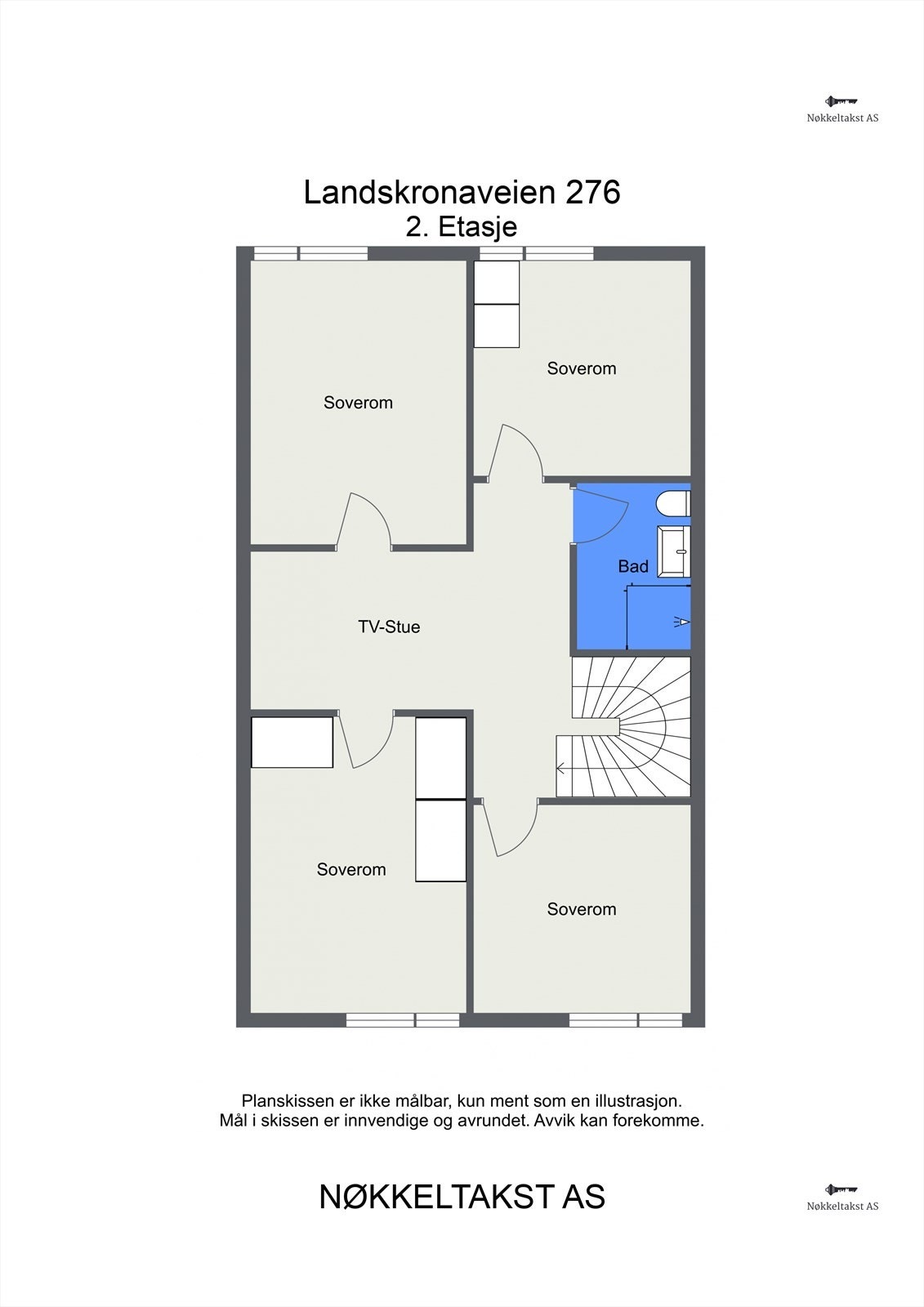 Andre etasje inneholder fire soverom, bad og en praktisk TV-stue. Galleribilde