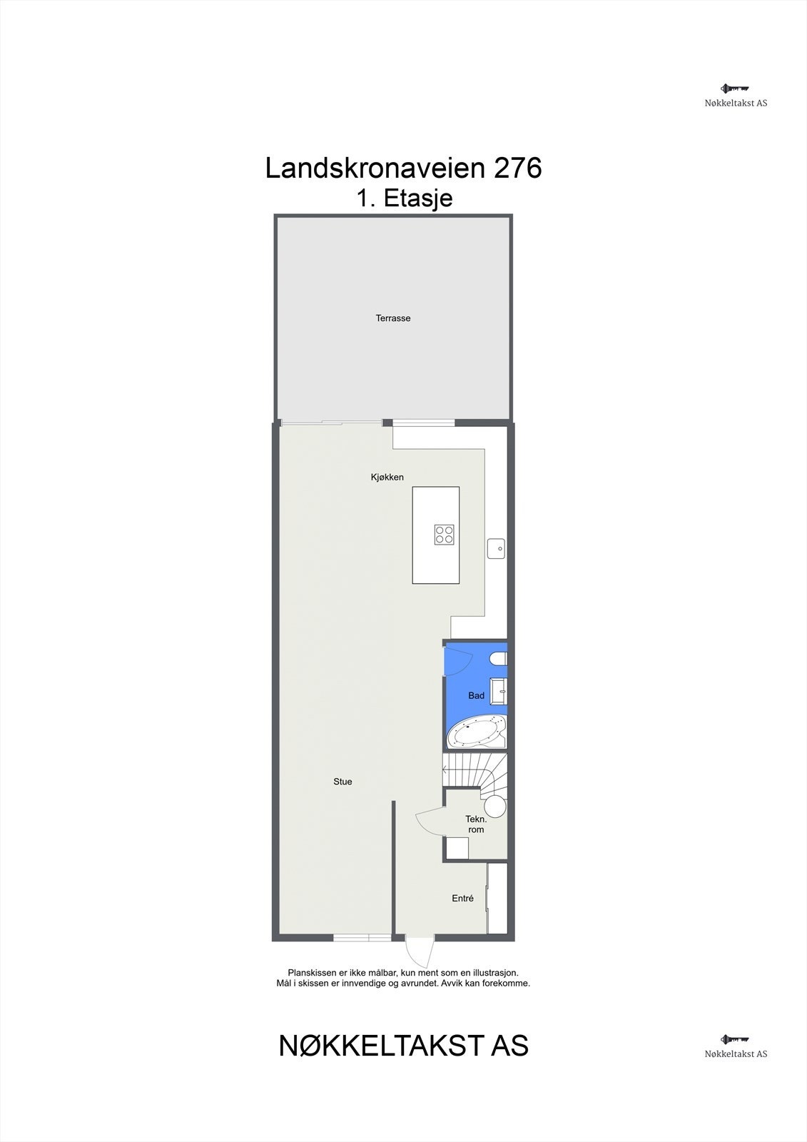 Første etasje har en åpen og sosial planløsning med stue, kjøkken, bad og entré. Galleribilde