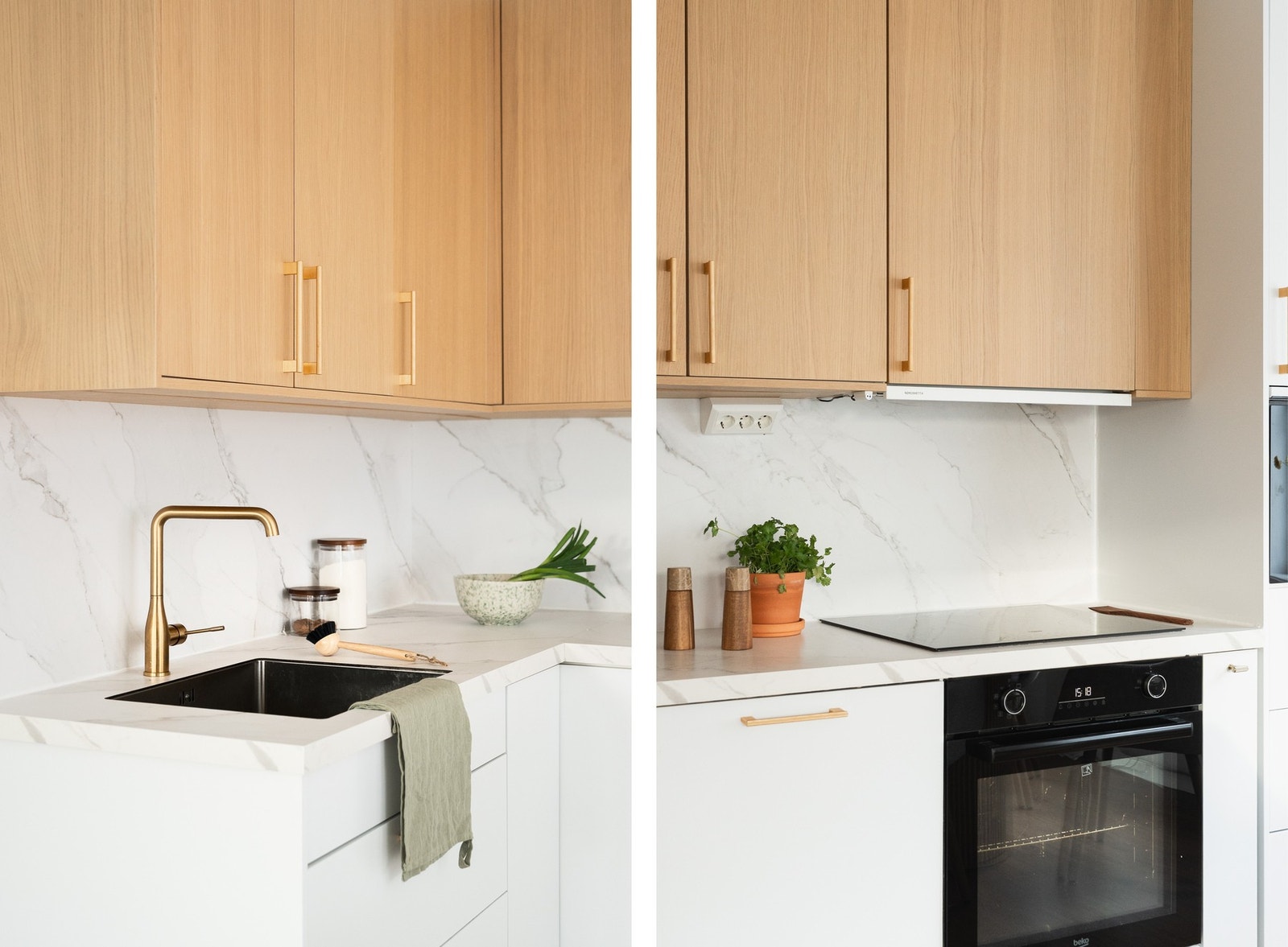 Det har laminat benkeplate med underlimt vask av stål. Galleribilde