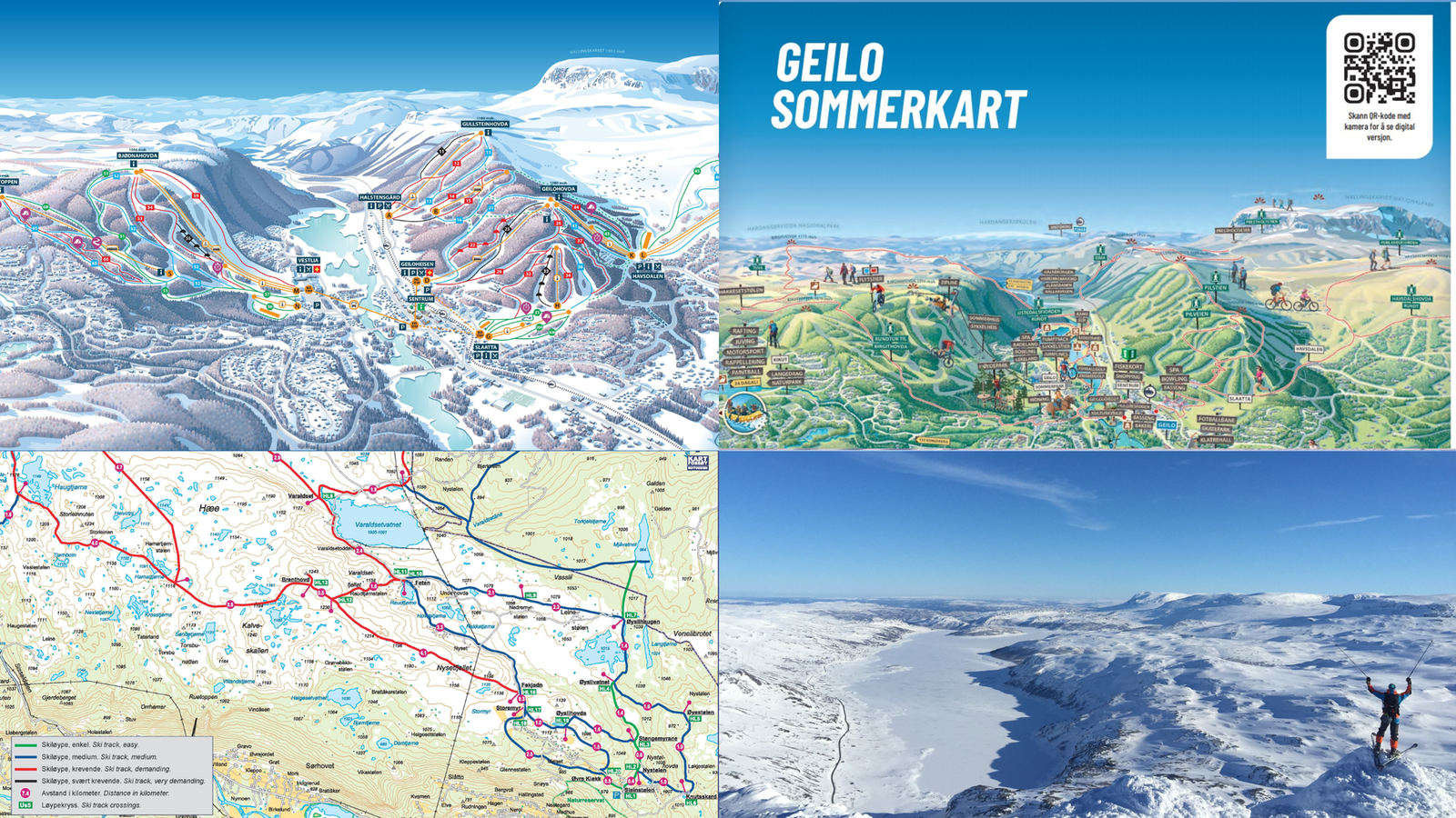 Oversiktskart over Geilo både vinter og sommer, løypekart og gode muligheter for toppturer Galleribilde