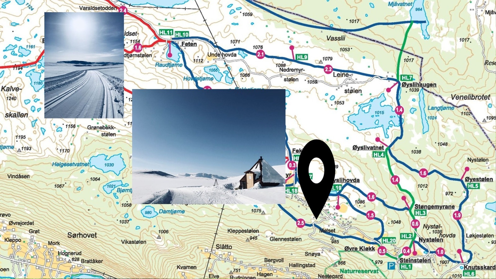 Oversikt over skiløyper , hytta markert og nordlyslavo Galleribilde