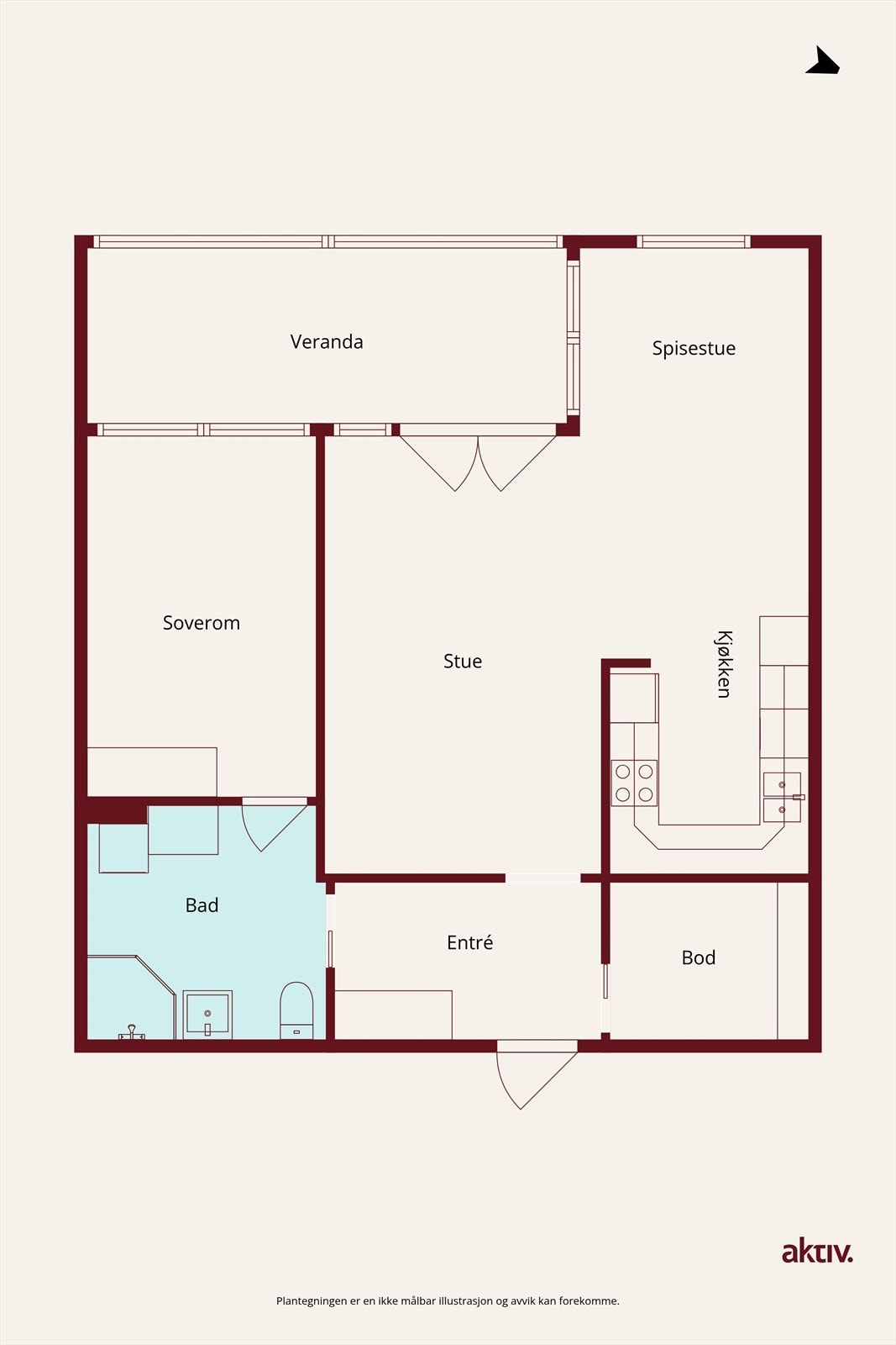 Plantegning. Leiligheten har mulighet for å lage et soverom nr 2. Se alternativ planløsning Galleribilde