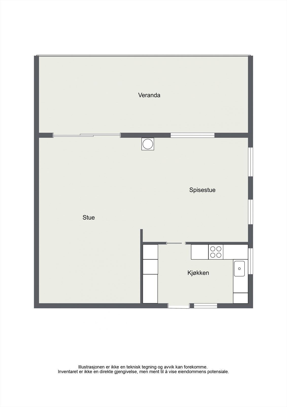 Hovedetasjen består av en åpen stue- og kjøkkenløsning med utgang til en stor veranda. Galleribilde