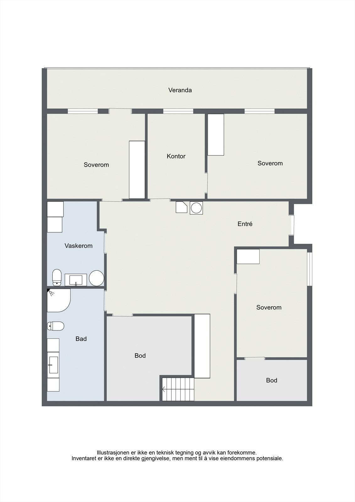 Underetasjen har en praktisk planløsning med tre soverom, ett bad, vaskerom og gode lagringsmuligheter. Galleribilde