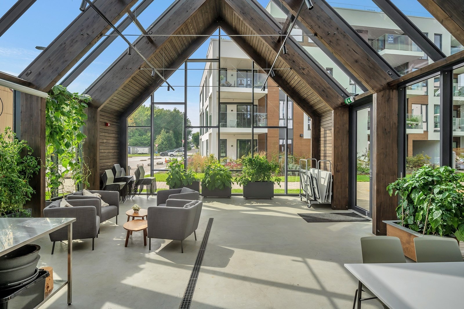 Orangeriet består av drivhus for felles dyrking, treningsapparater, selskapslokale med kjøkken og wc. Det er hobbyrom i kjeller Galleribilde