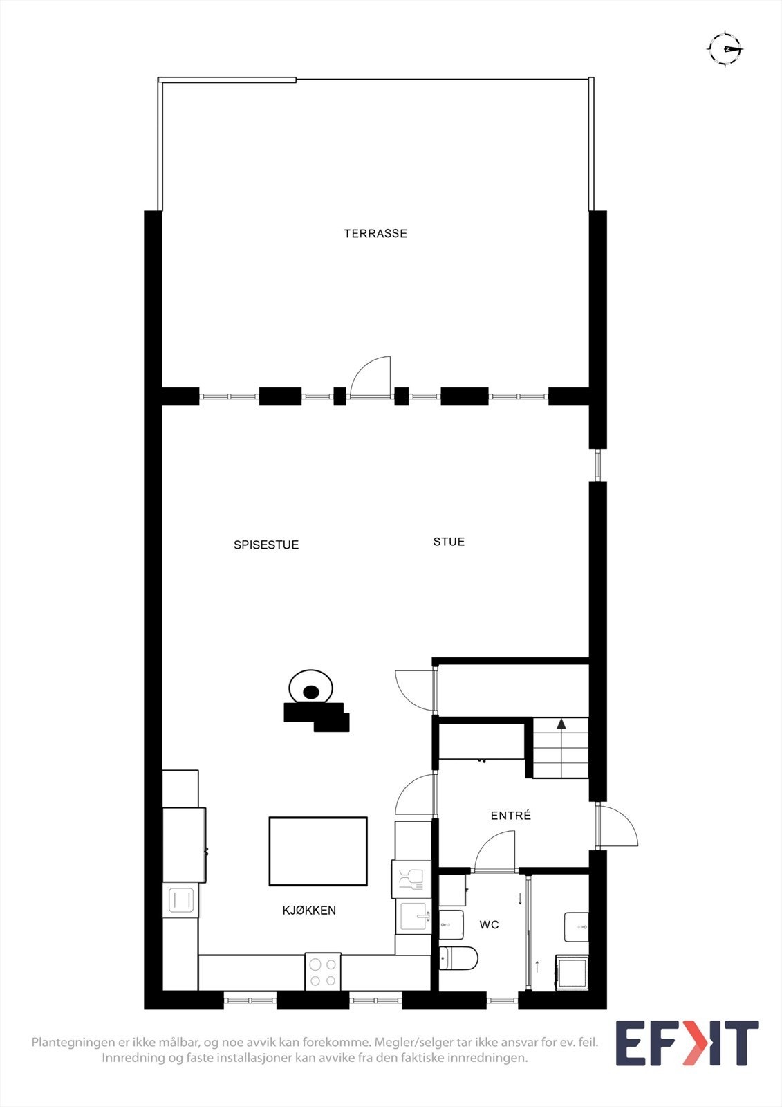 Første etasje har en familievennlig planløsning med entré, vaskerom/wc, stue og kjøkken i åpen løsning samt bod under trappen. Galleribilde