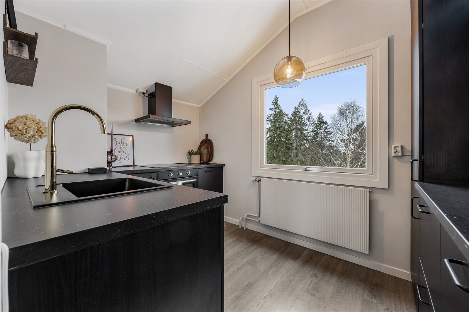 I rommet er det et stort vindu som slipper rikelig med naturlig arbeidslys på kjøkkenbenken. Galleribilde