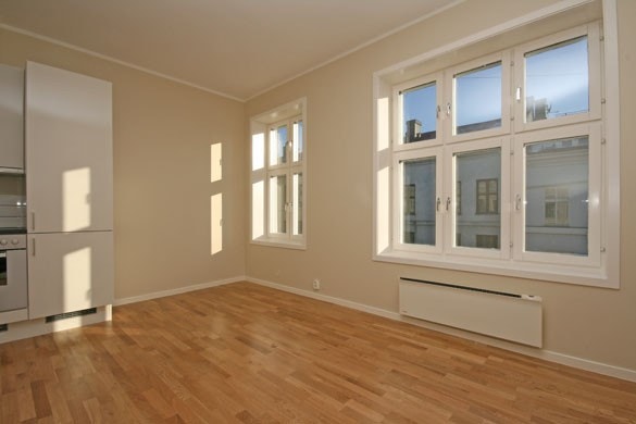 Romslig stue med åpen løsning mot kjøkken. Integrerte hvitevarer. Galleribilde