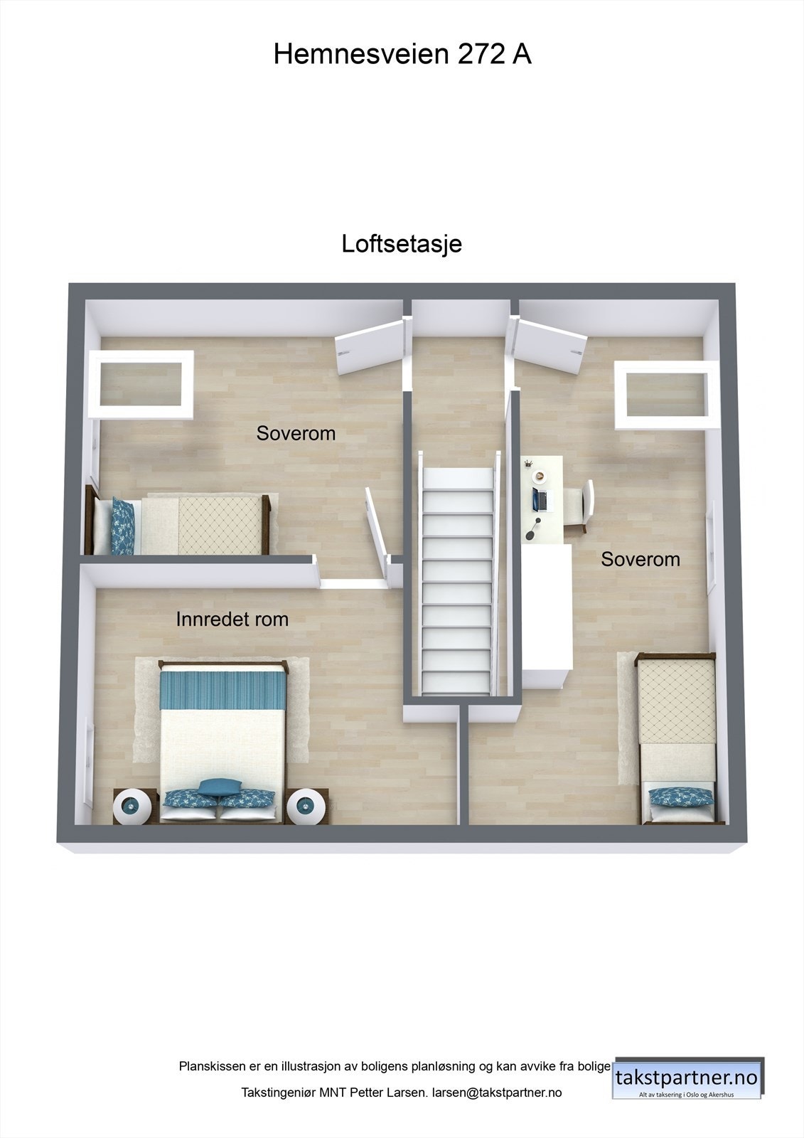 Loftsetasjen rommer boligens soverom samt et innredet rom benyttet som soverom. Det er ikke søkt bruksendring for den endrede planløsningen. Galleribilde