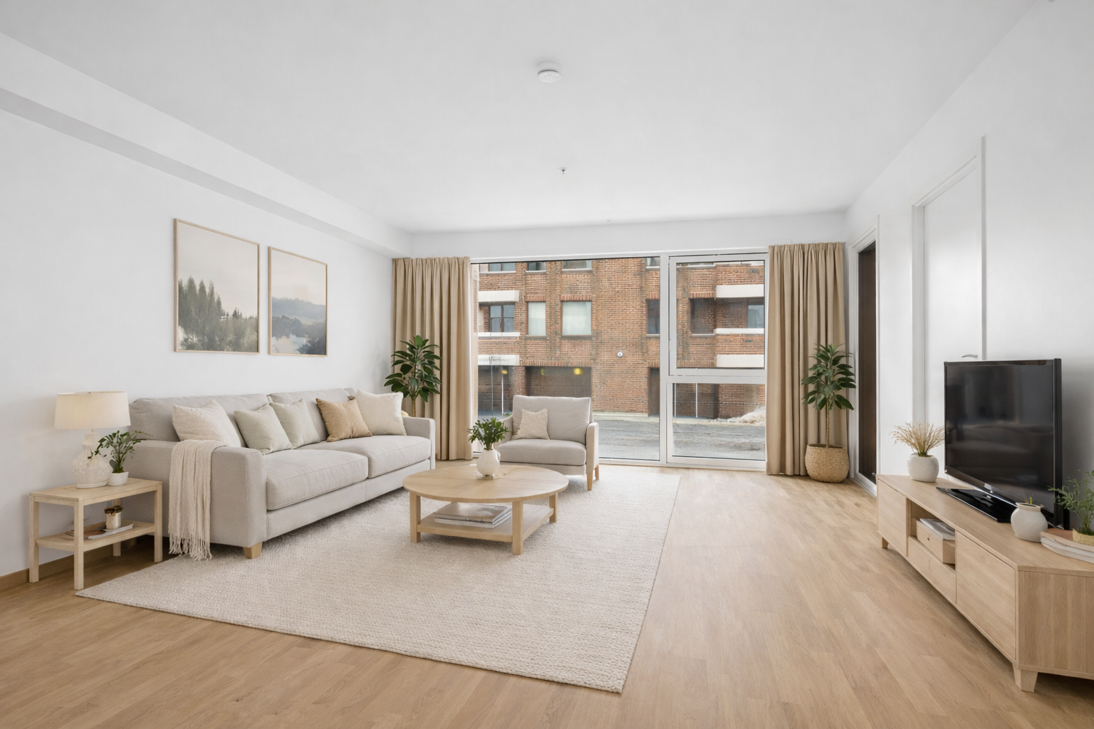 Romslig og lys stue på ca. 27 m², her vist med digital møblering som illustrerer gode møbleringsmuligheter. Store vindusflater gir rikelig med naturlig lys og en luftig romfølelse. Galleribilde