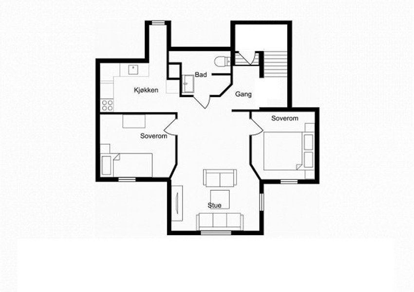 Plantegning. Stor romfølelse og god takhøyde, spesiellt i senter av leiligheten Galleribilde