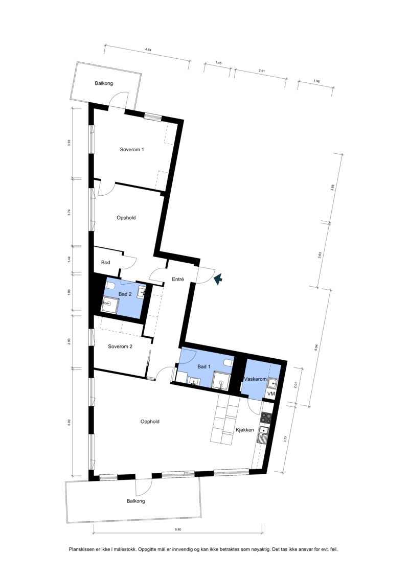 Plantegning - Torvgata 11B - Den ekstra stuen, er opprinnelig soverom 3 og mellomgang som er slått sammen. Dette var en alternativ løsning/tilvalg fra utbygger. Galleribilde