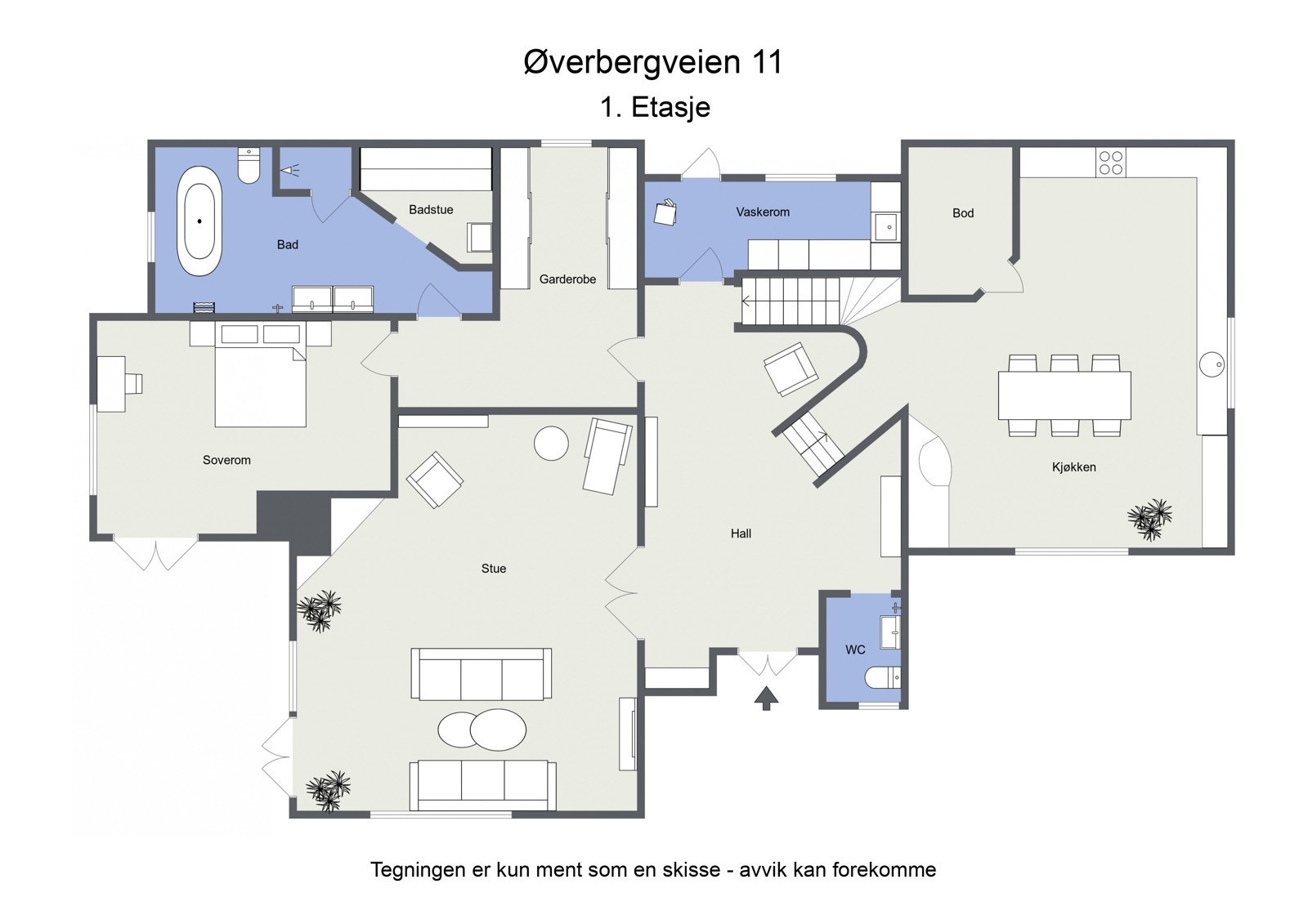 Omtrentlig planskisse 1. etasje Galleribilde