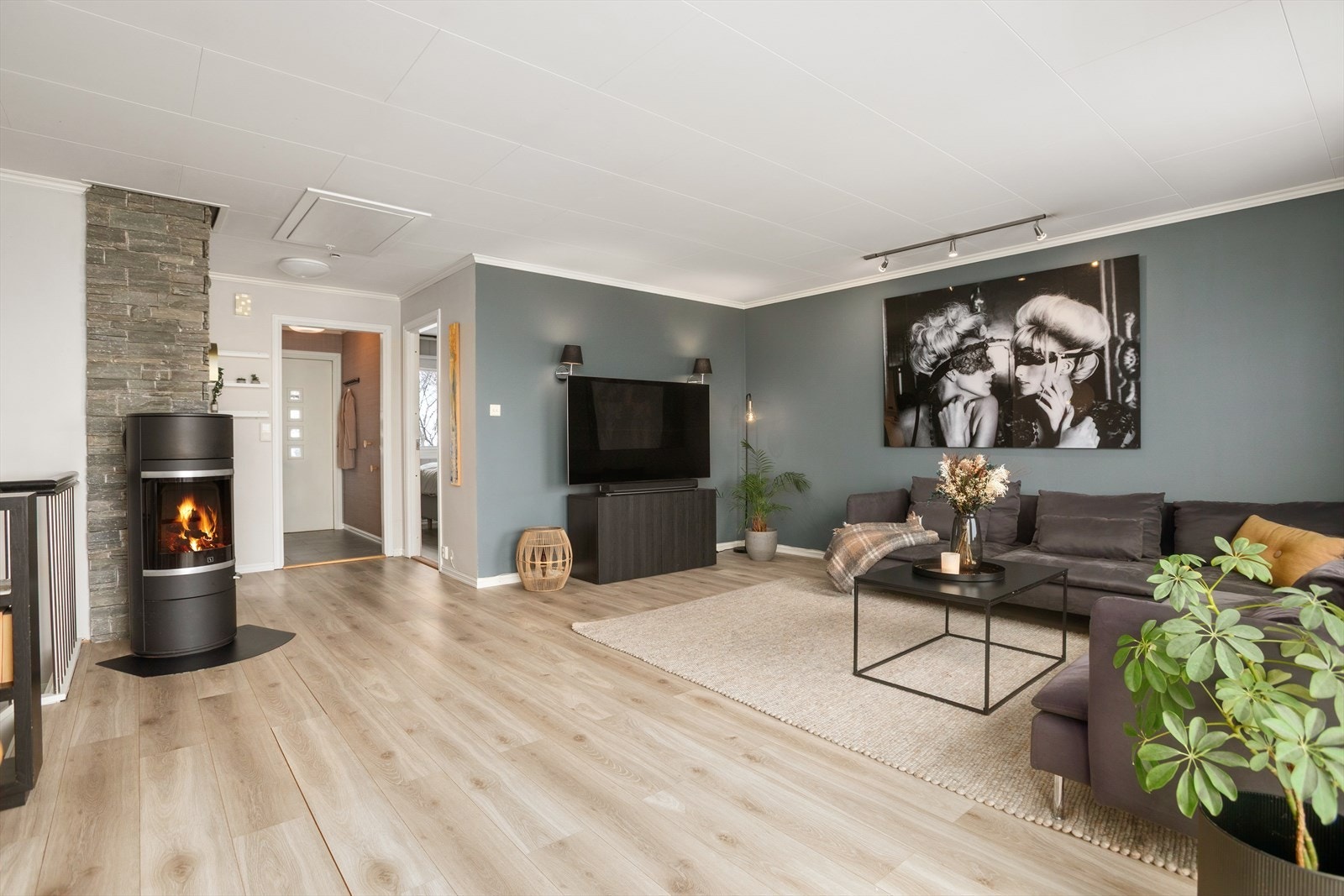 Fra hall kommer man inn til en lys og fin stue med peisovn (2013) Galleribilde