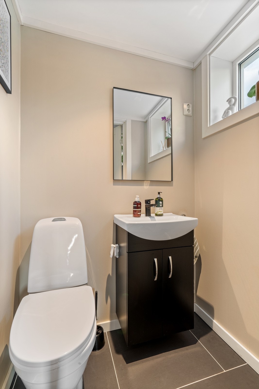 Like ved gangen ligger et praktisk toalettrom som inneholder servant i møblement, speil og toalett. Galleribilde