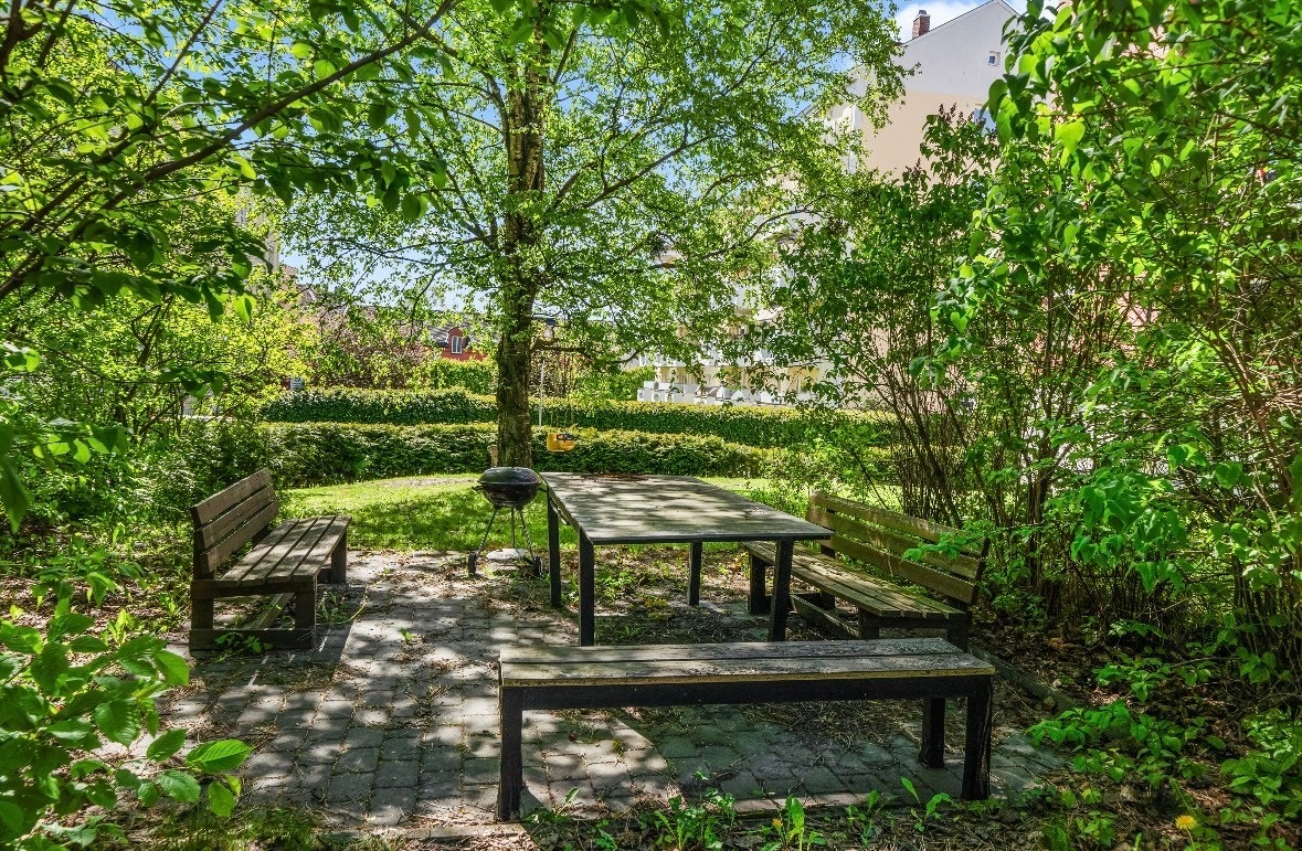 Pent opparbeidet fellesareal med asfalterte internveier, sittegruppe, plen og beplantning. Galleribilde