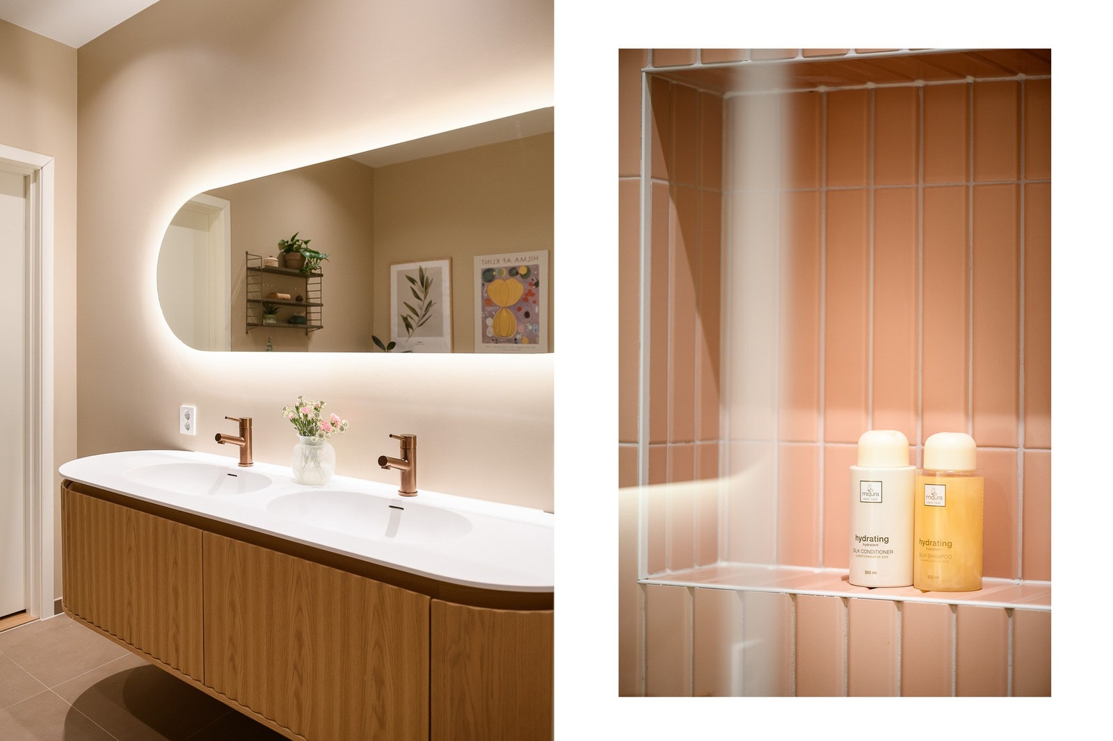 Baderomsinnredningen består av et servantskap med glatte spiler og en praktisk, flislagt nisje i dusjsonen. Galleribilde