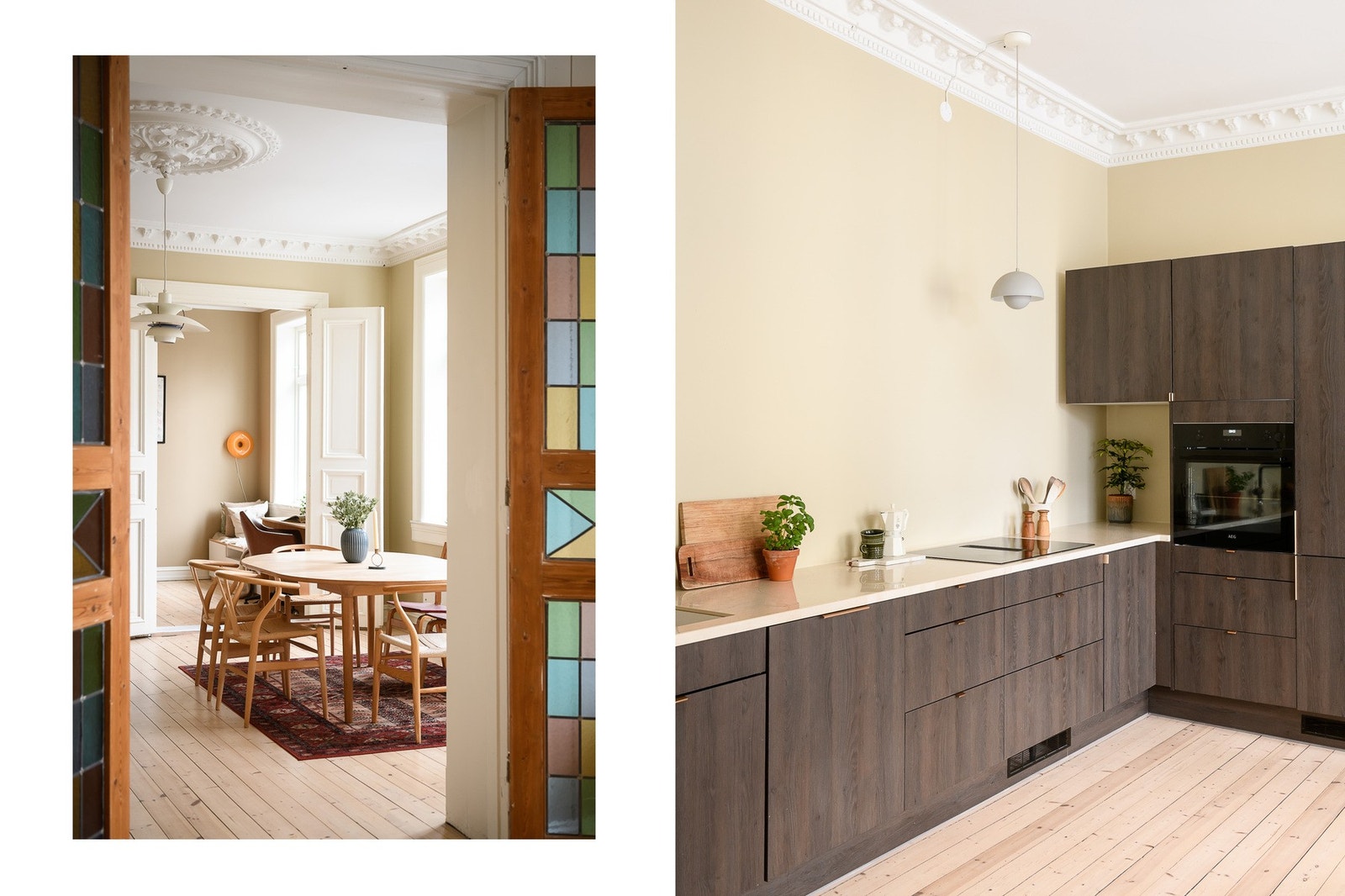 Originale tofløyede dører med farget glass skiller stuen fra kjøkkenet og er et unikt element i boligen. Galleribilde