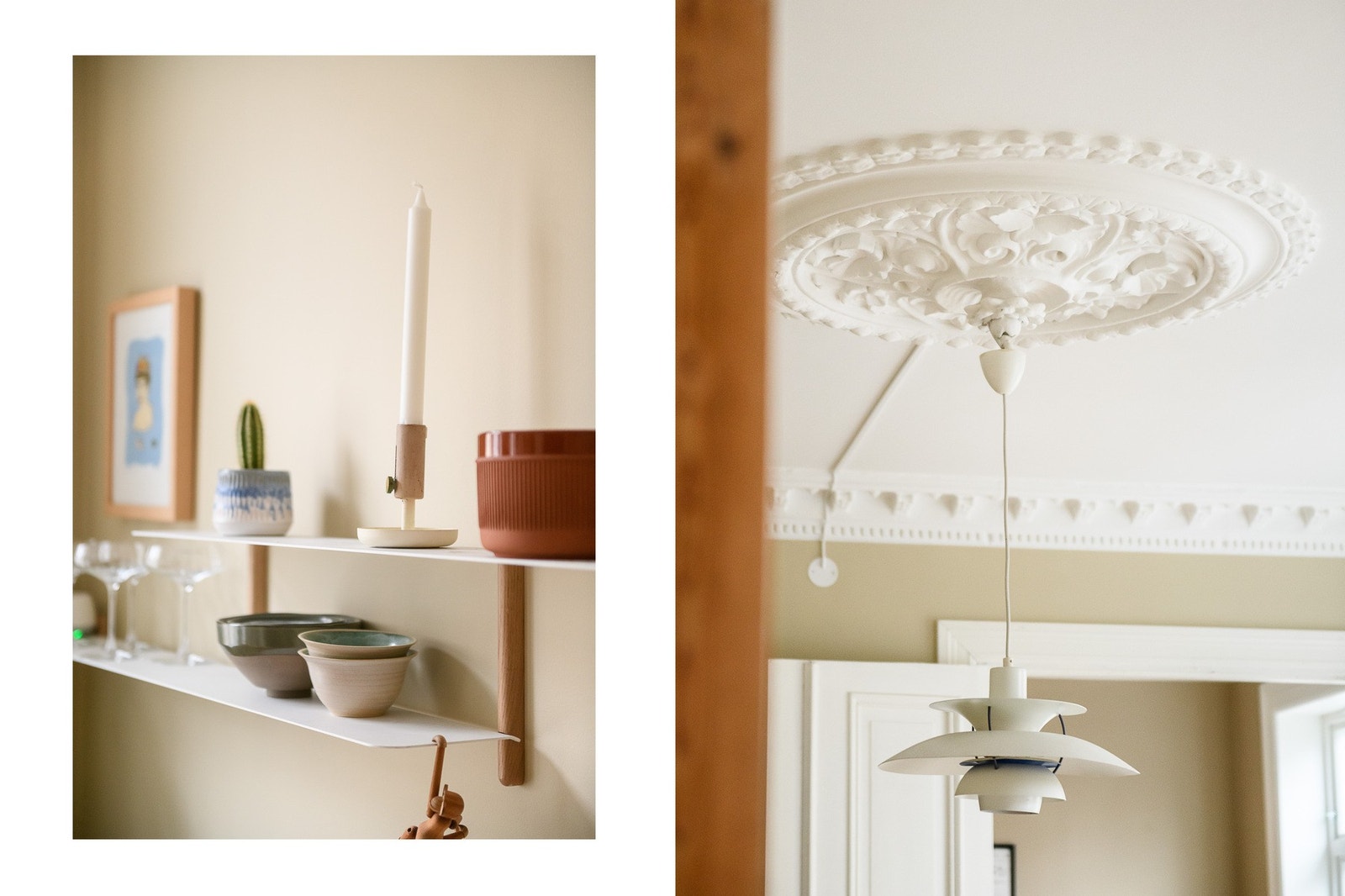 Klassiske detaljer som stukkatur og rosetter er bevart i de pussete og malte rabitz-himlingene. Galleribilde