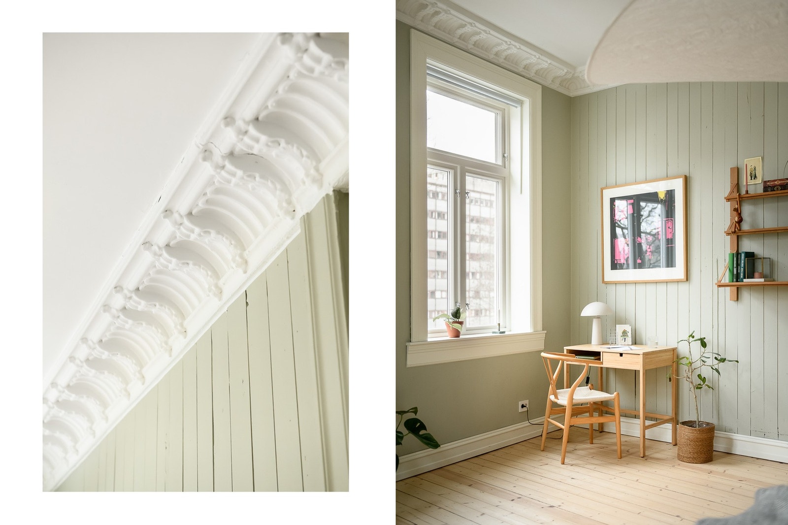 Vegger med malte, originale trepaneler og profilerte lister understreker bygårdens klassiske preg. Galleribilde