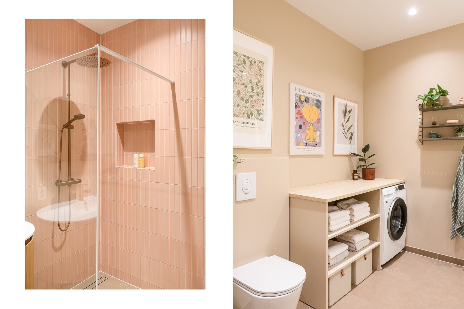 Dusjen har både regn- og hånddusj, og det er avsatt plass med opplegg for vaskemaskin. Galleribilde