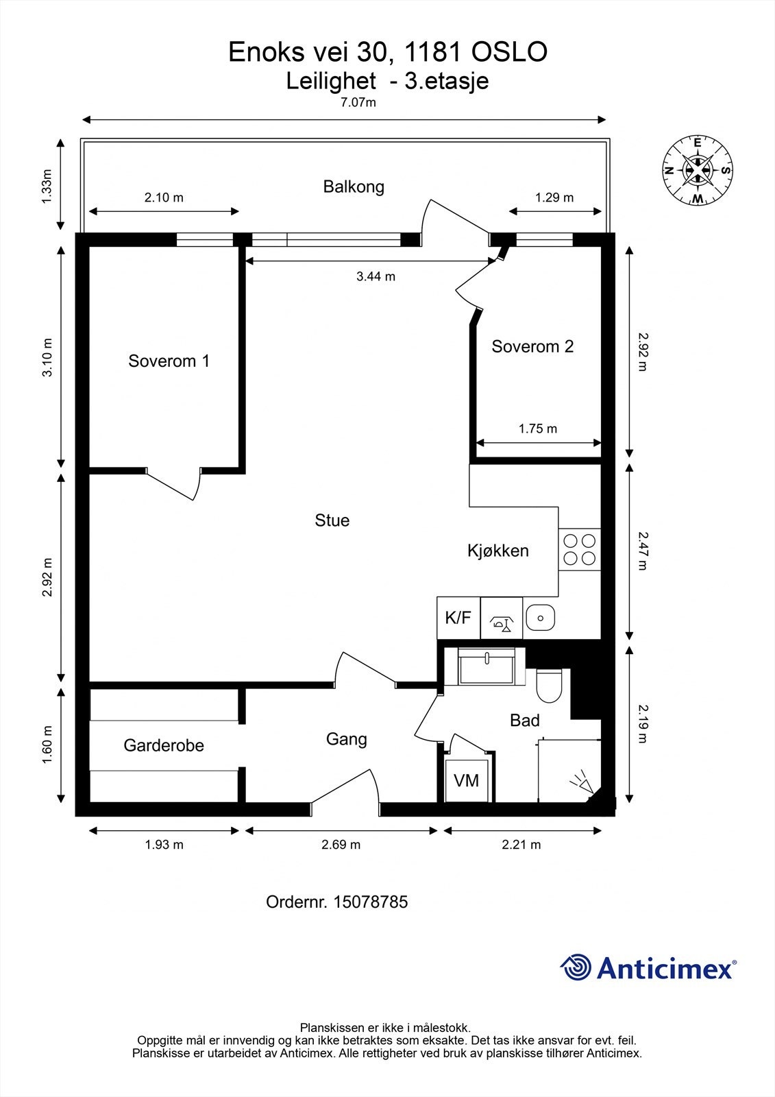 Leiligheten på 54 m² har en gjennomtenkt planløsning med entré, to soverom, bad og garderobe. Galleribilde