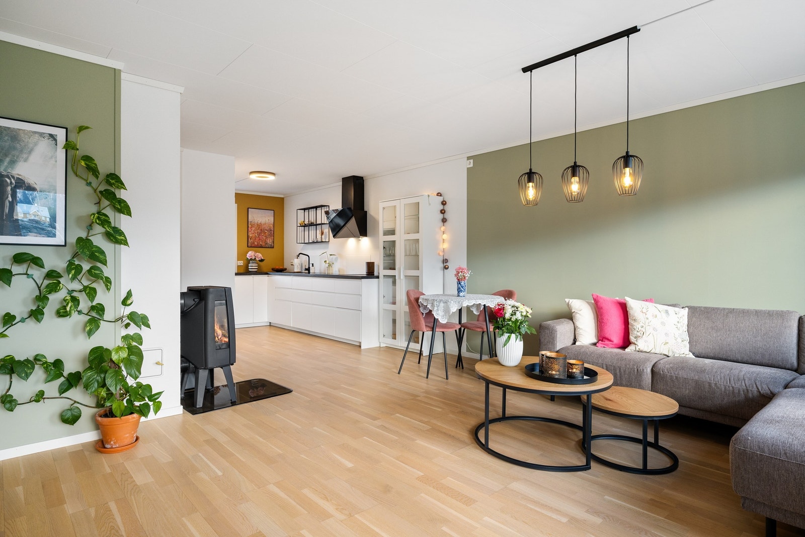 Stue med åpen kjøkkenløsning med stilrent design og innbydende atmosfære. Galleribilde