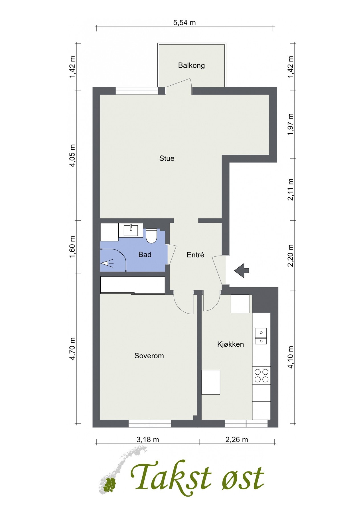 Plantegning. I tillegg disponerer leiligheten en kjellerbod på 4 kvm og en loftsbod med gulvareal på ca. 9 kvm. Galleribilde