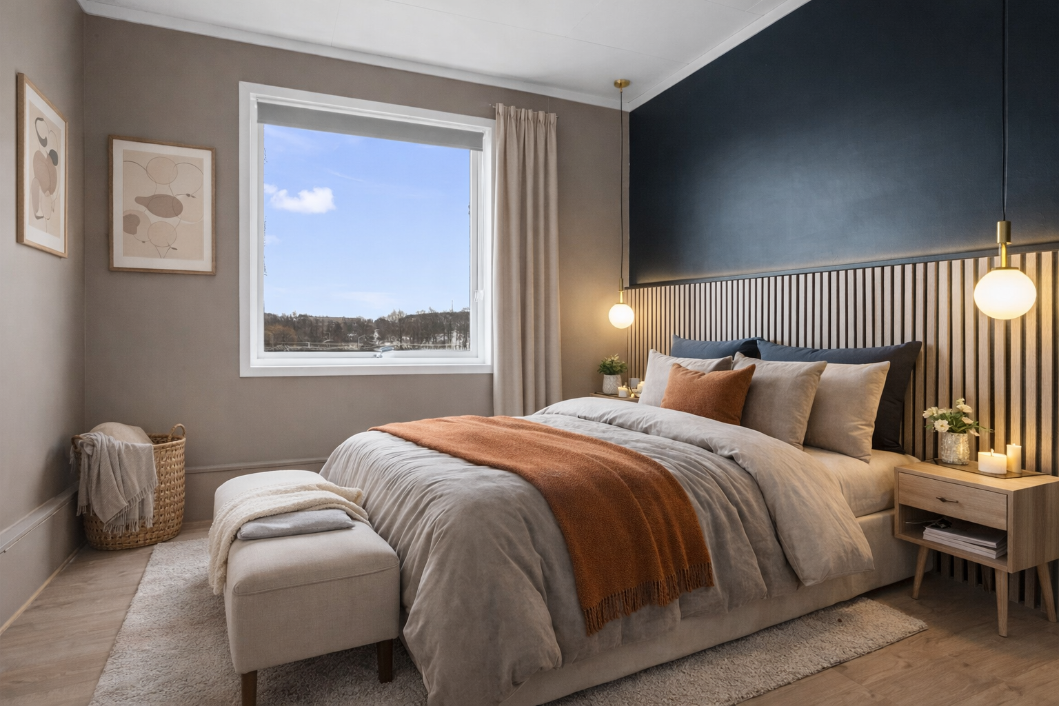 Soverommet er romslig med en stilfull spilevegg og plass til dobbeltseng. - Bildet er digitalt stylet. Galleribilde