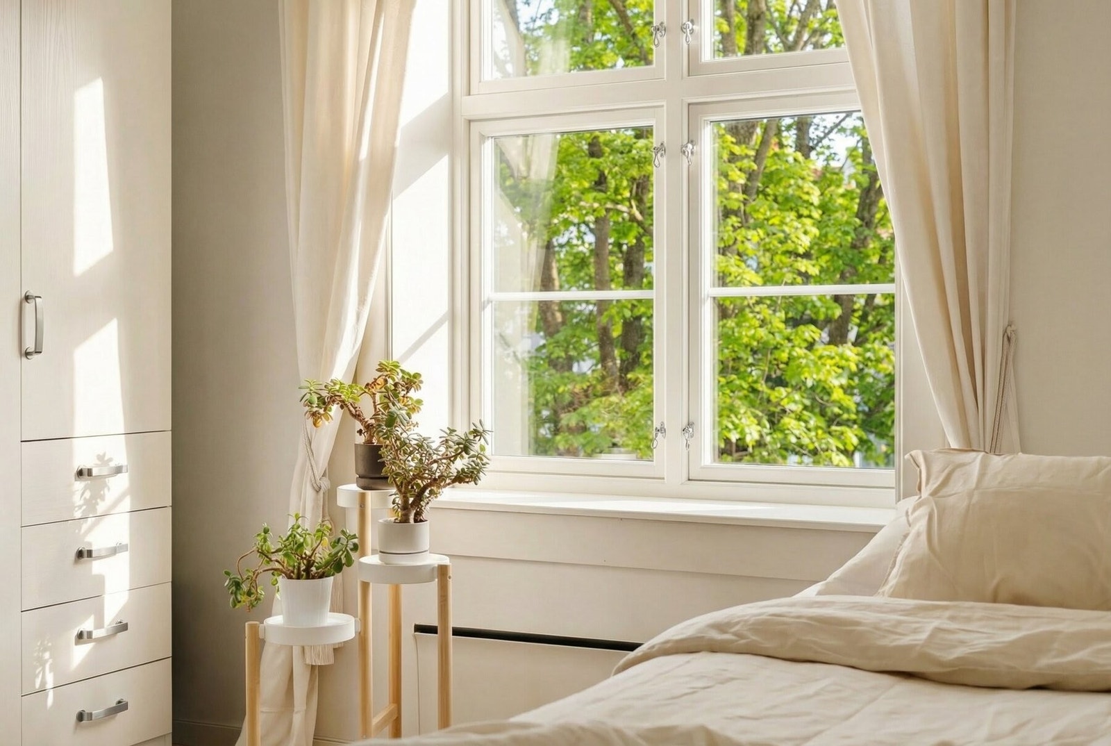 Rommet vender mot rolig, indre bakgård (AI-edited). Galleribilde