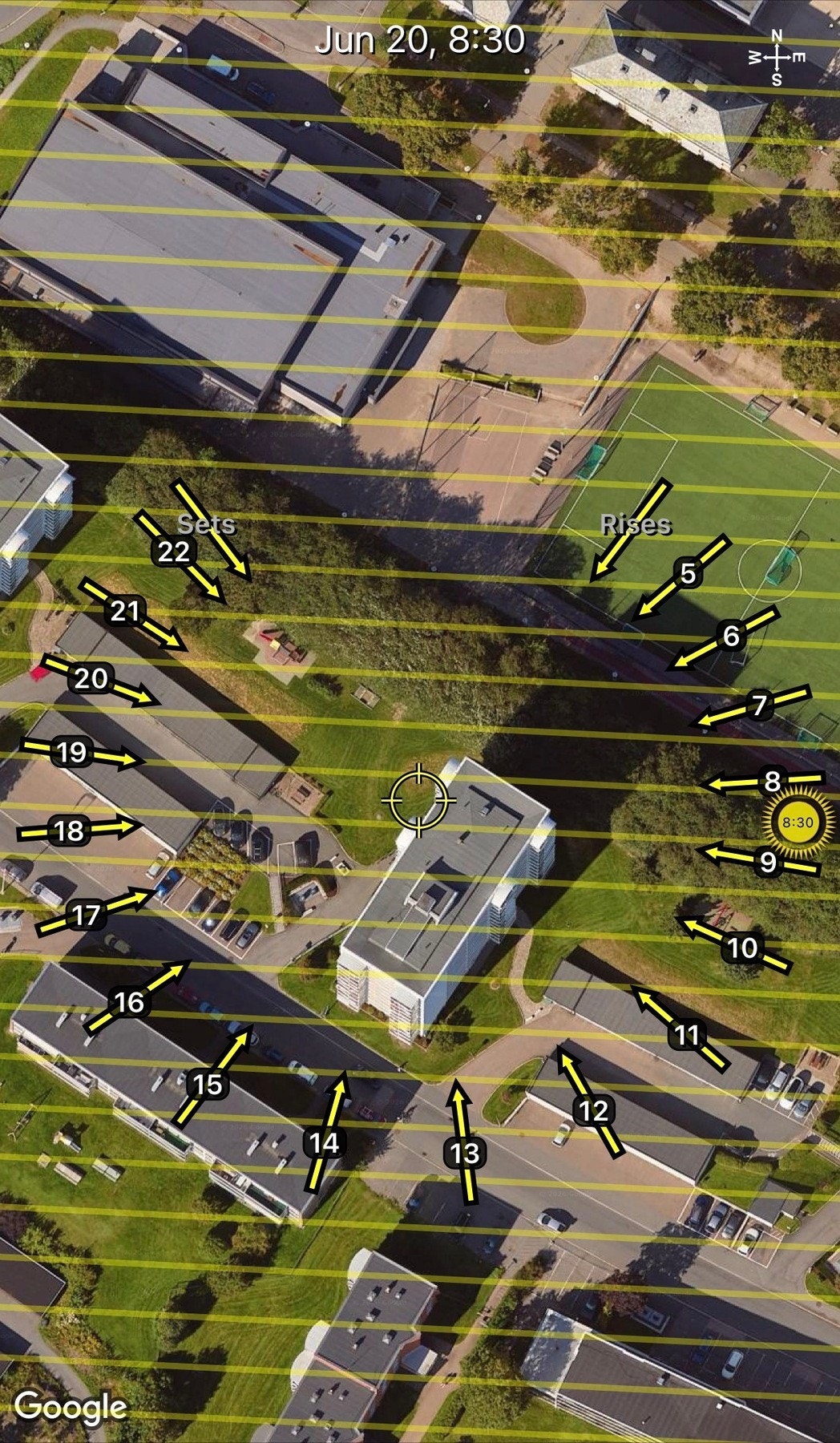 Meget gode solforhold fra ca. kl. 15:00 til 22:00, basert på solforhold rundt 20. juni. Faktiske forhold kan avvike som følge av omkringliggende bebyggelse, vegetasjon eller terreng. Galleribilde