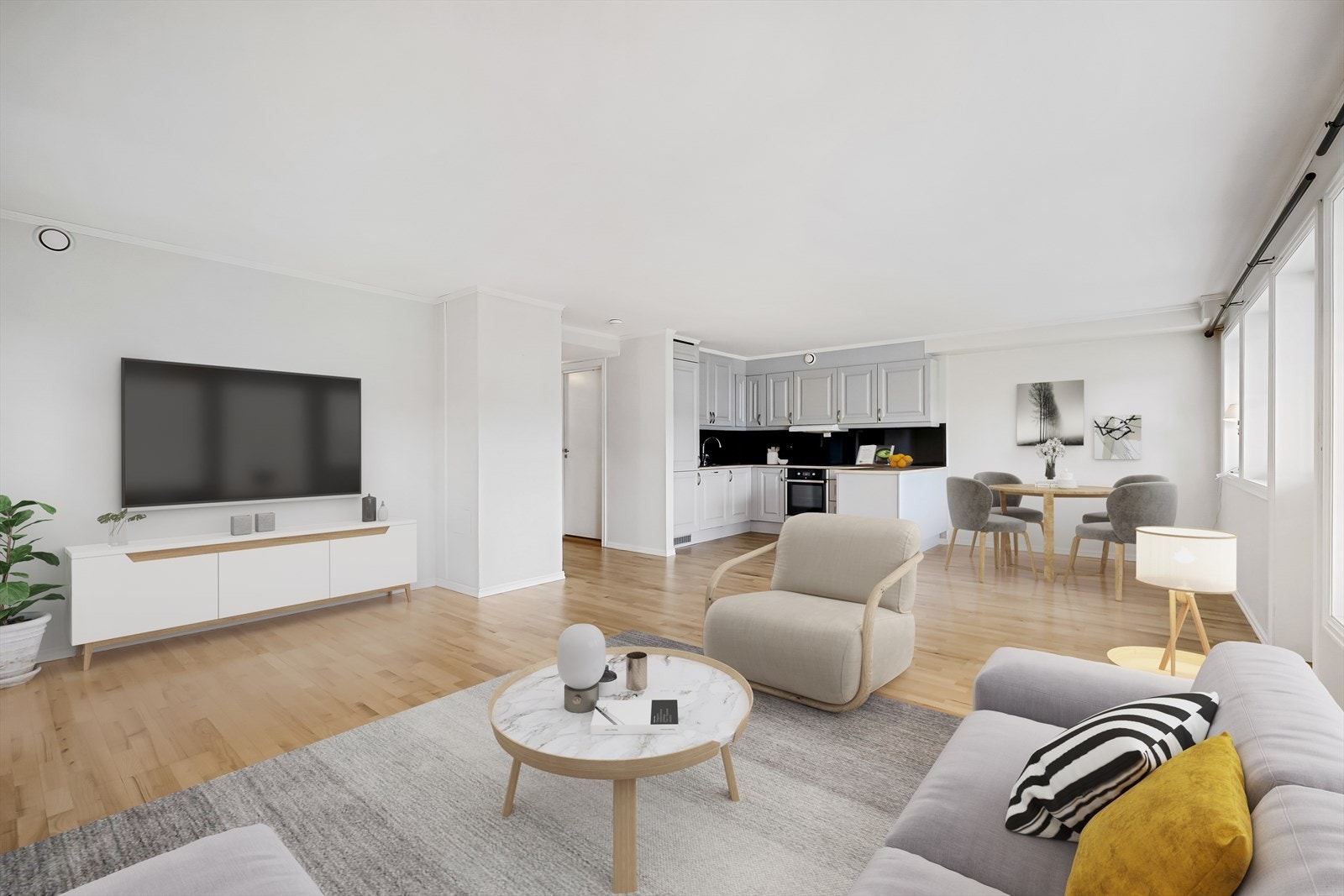 Planløsningen lar seg enkelt innredes med sitte- og spisemøblement. Digital styling Galleribilde