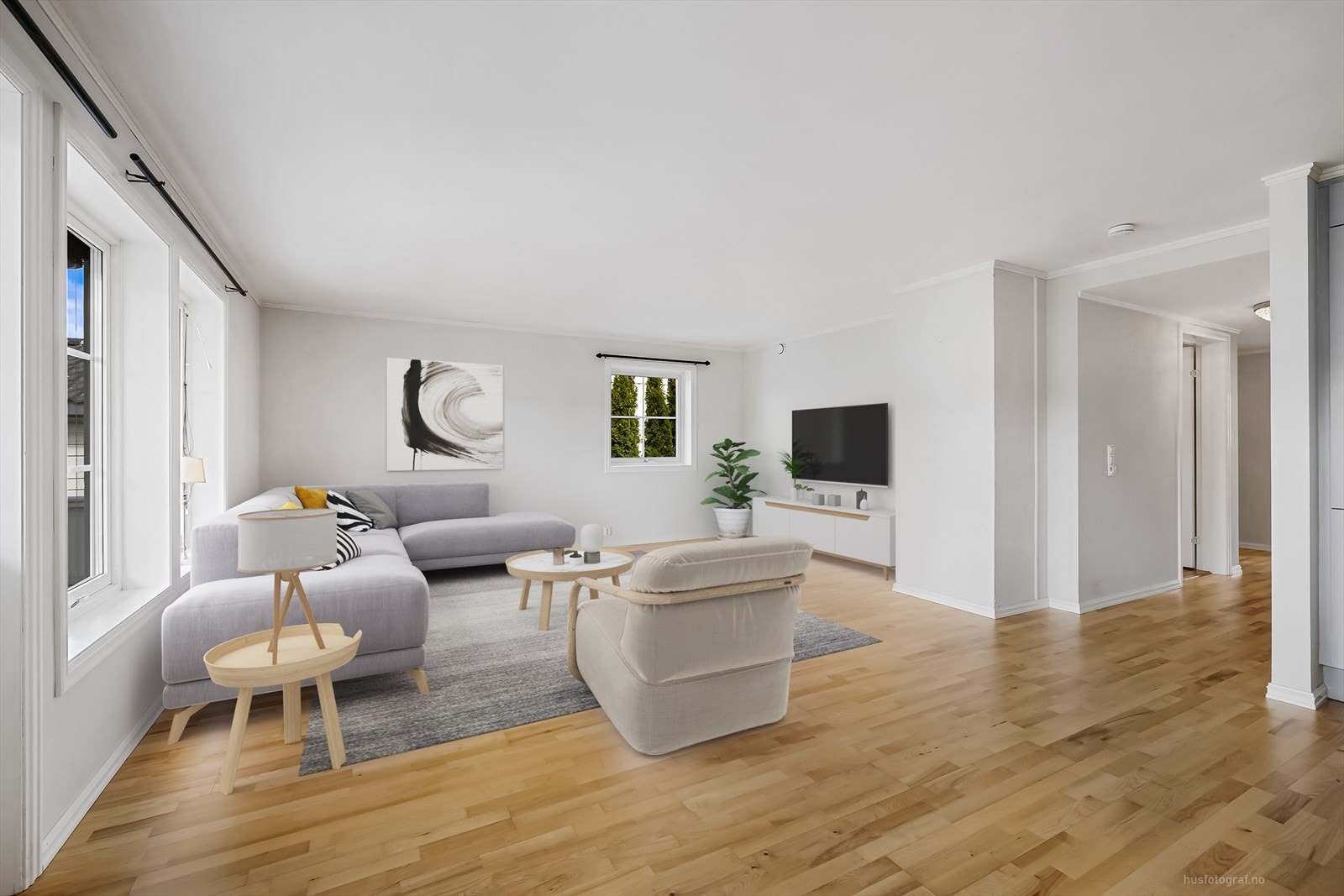 Leiligheten er gjennomgående med flere gode lysflater. Digital styling Galleribilde