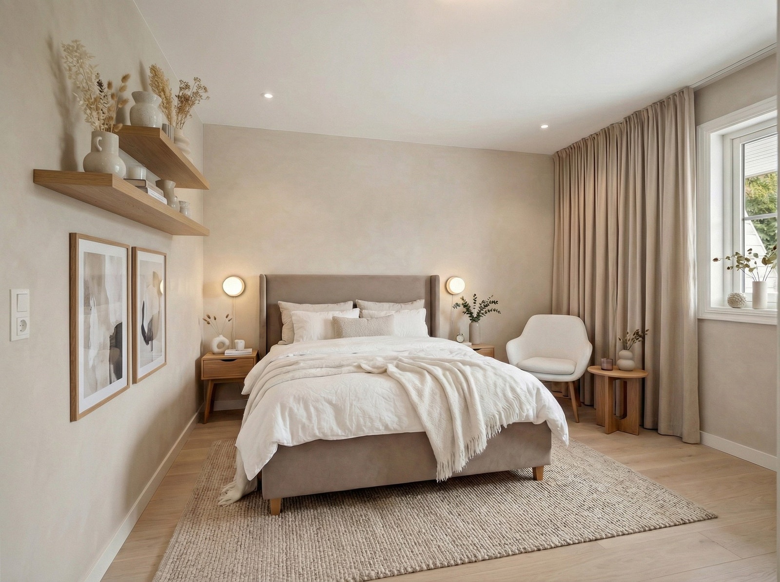 KI-generert bilde av hovedsoverom med forslag til møblering og overflateoppgradering Galleribilde