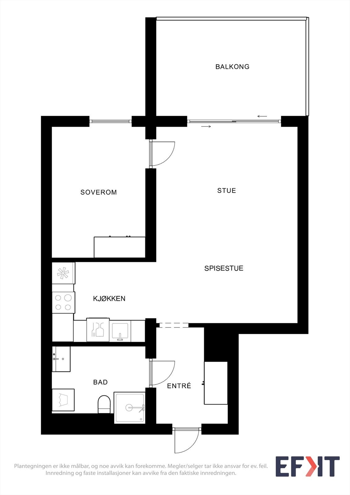 Leiligheten ligger i 2.etasje og har en arealeffektiv planløsning med entré, bad, soverom og stue/kjøkken. Galleribilde