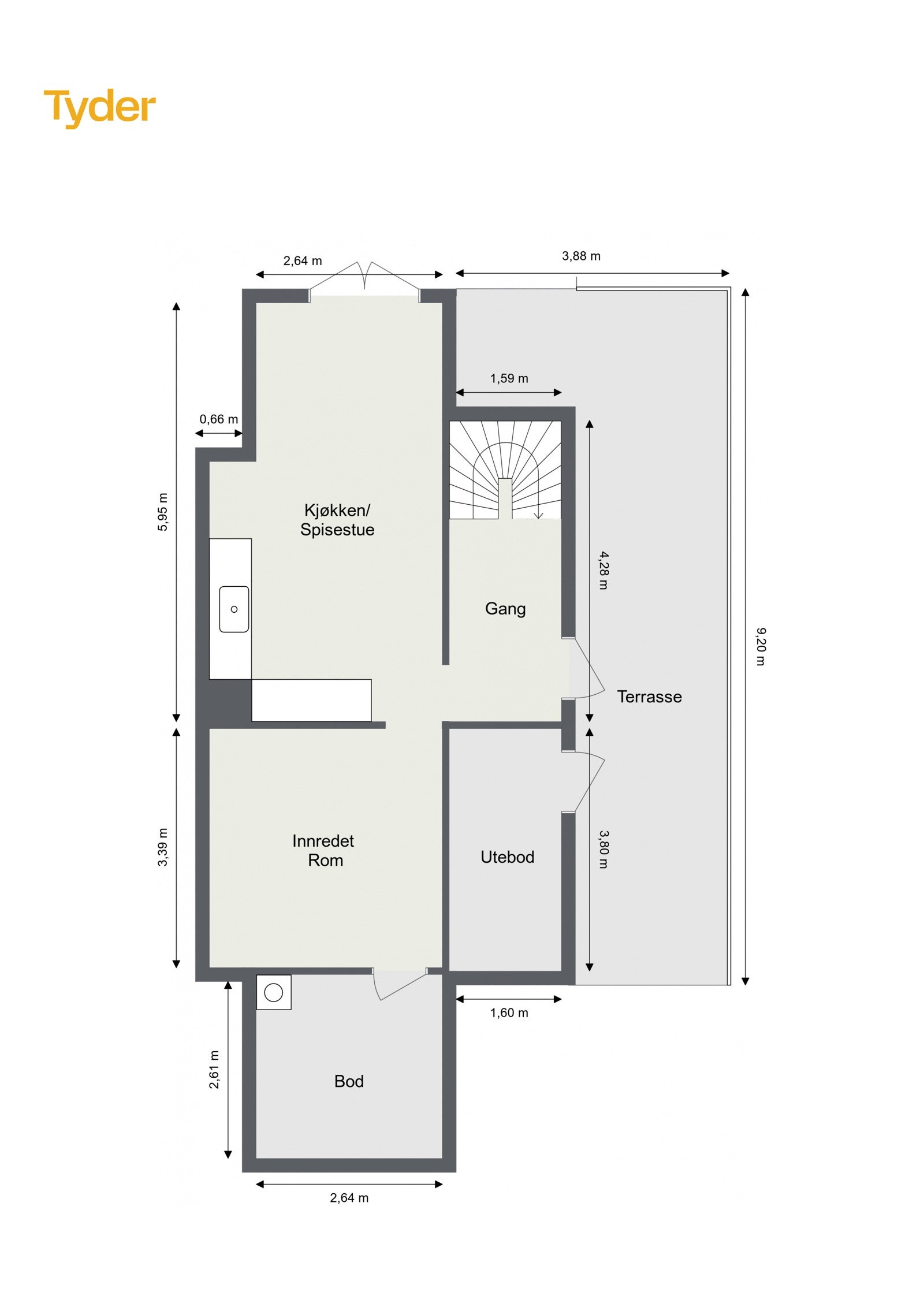 Plantegning i nederste etasje (det gjøres oppmerksom på at etasjen er byggemeldt som bod). Galleribilde